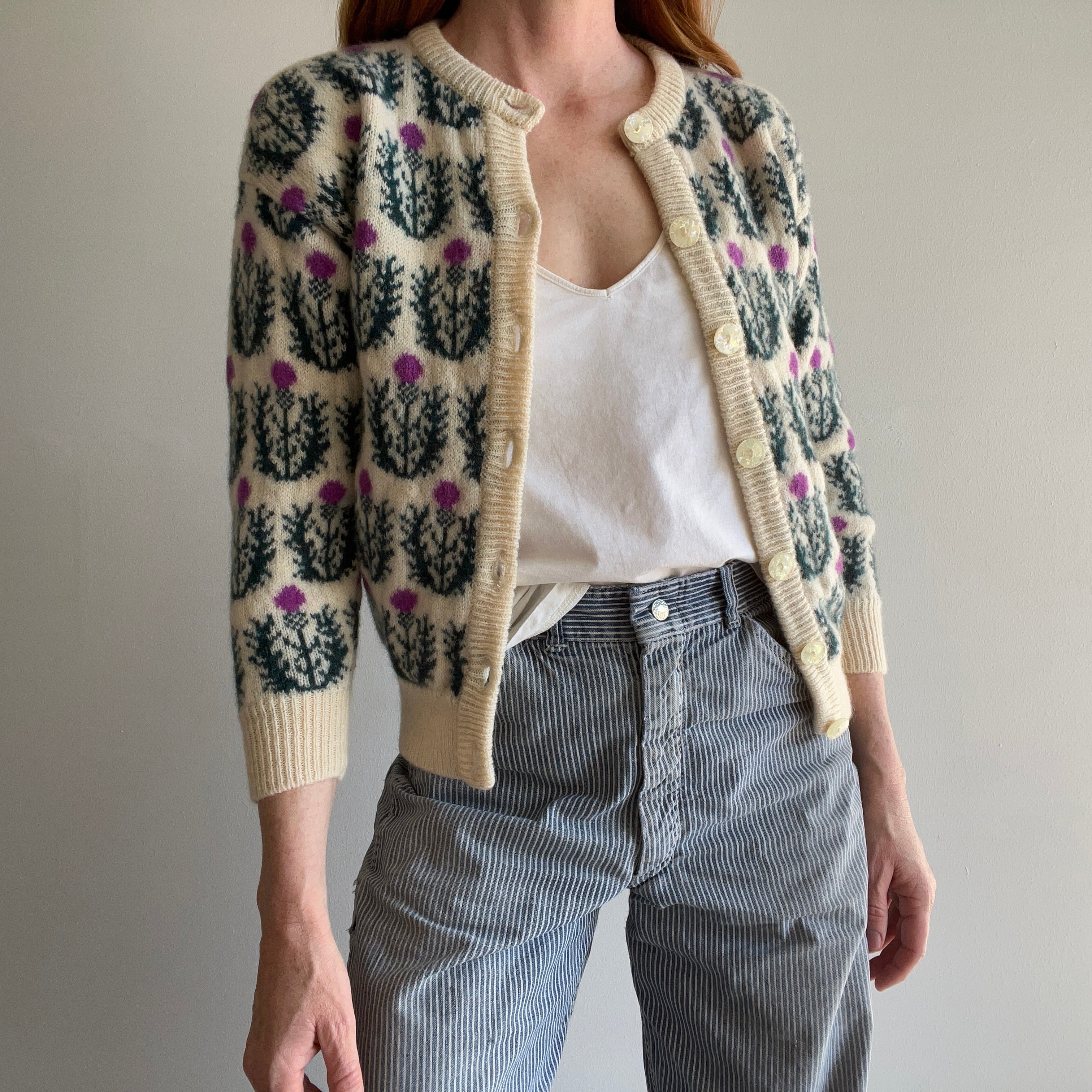 1960s Thistle Handknit Sweater with the Coolest Buttons