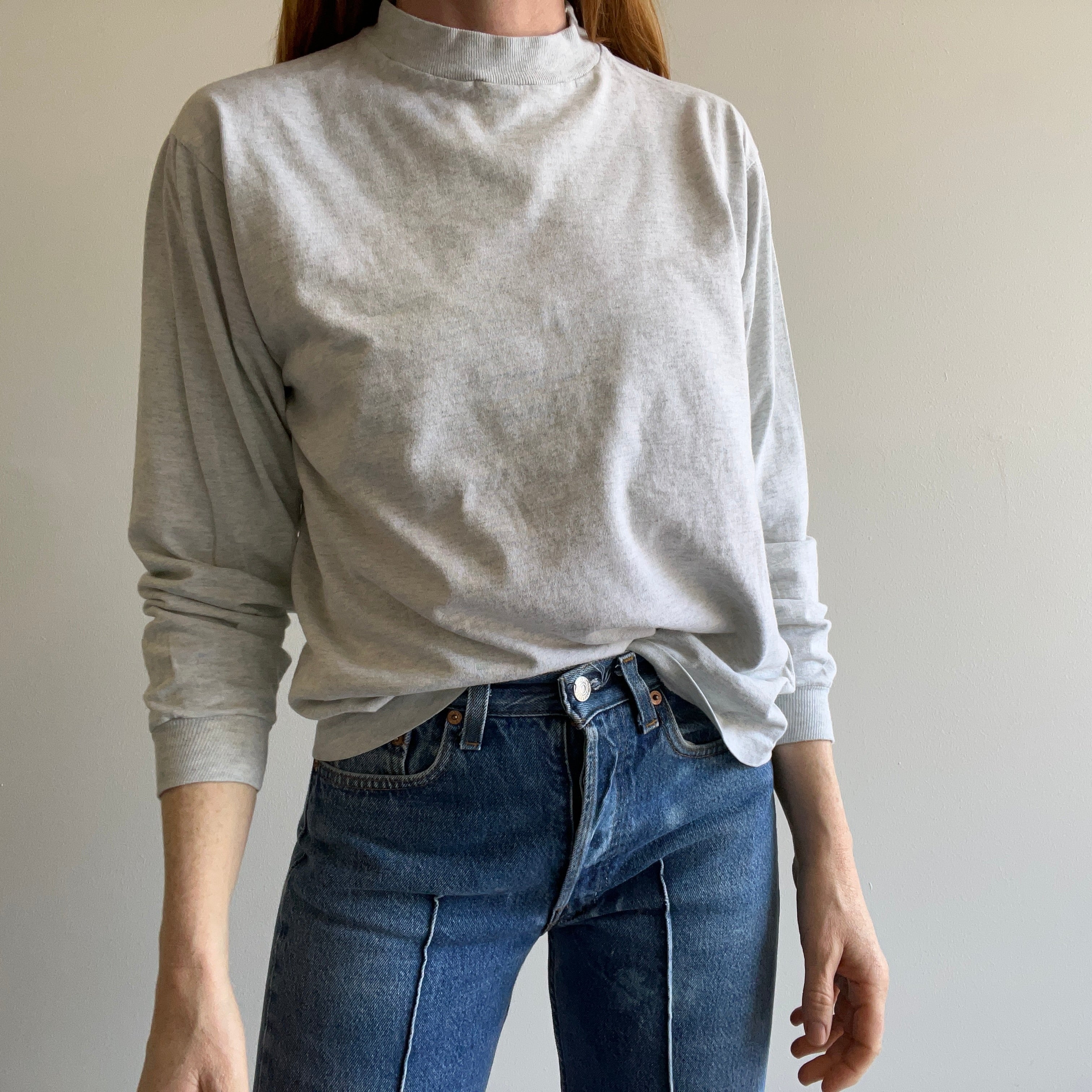 1990s Light Gray Long Sleeve Mock Neck Cotton Shirt