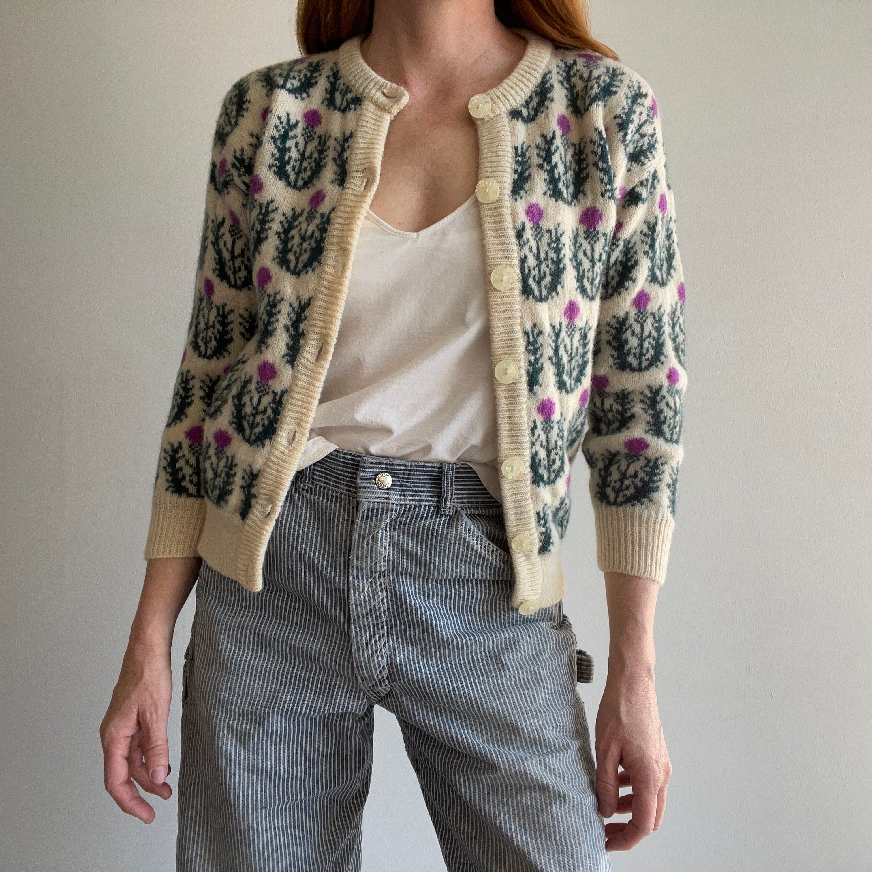 1960s Thistle Handknit Sweater with the Coolest Buttons