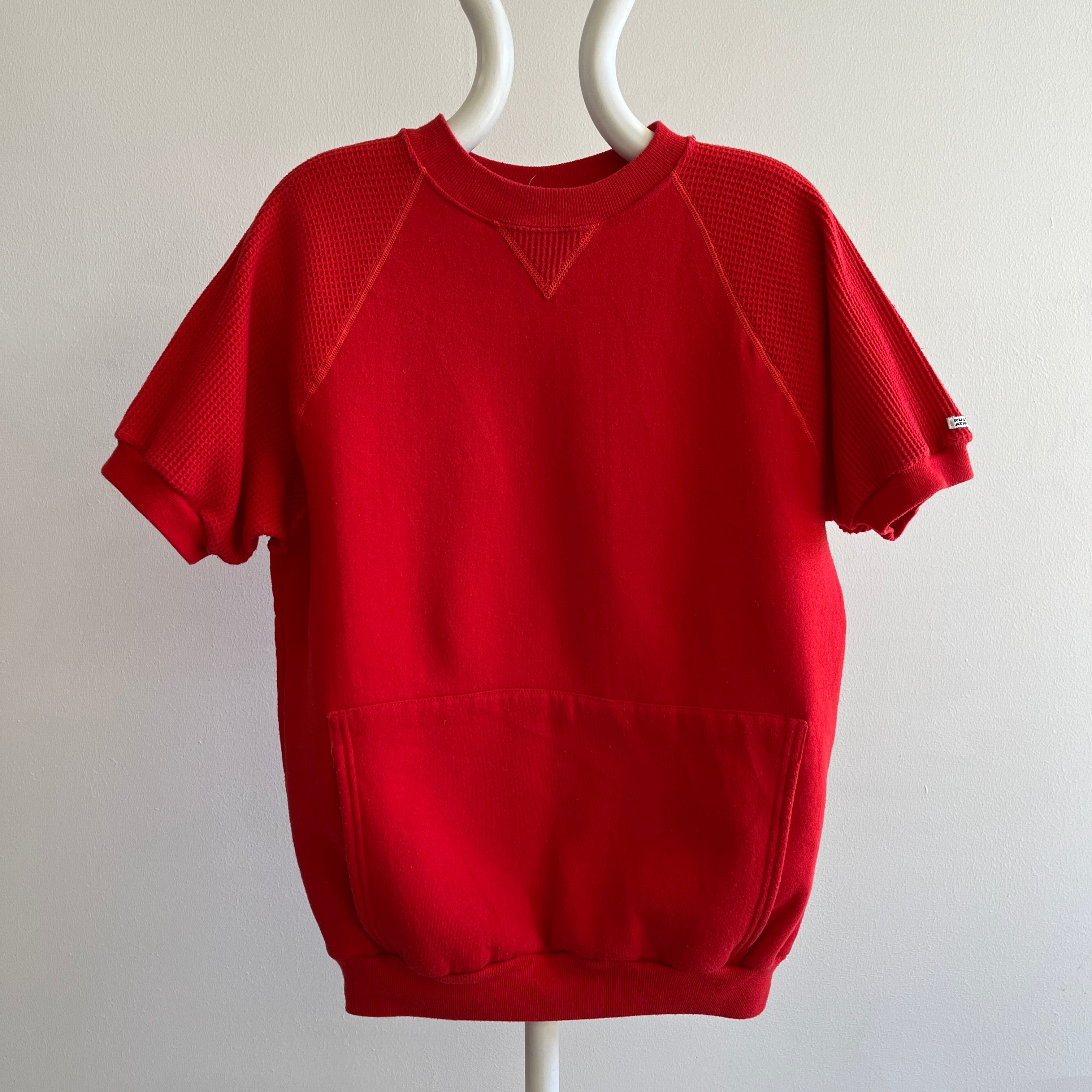 1980s EPIC BLANK RED WARM UP WITH WAFFLE SLEEVES AND A POUCH BY RUSSELL