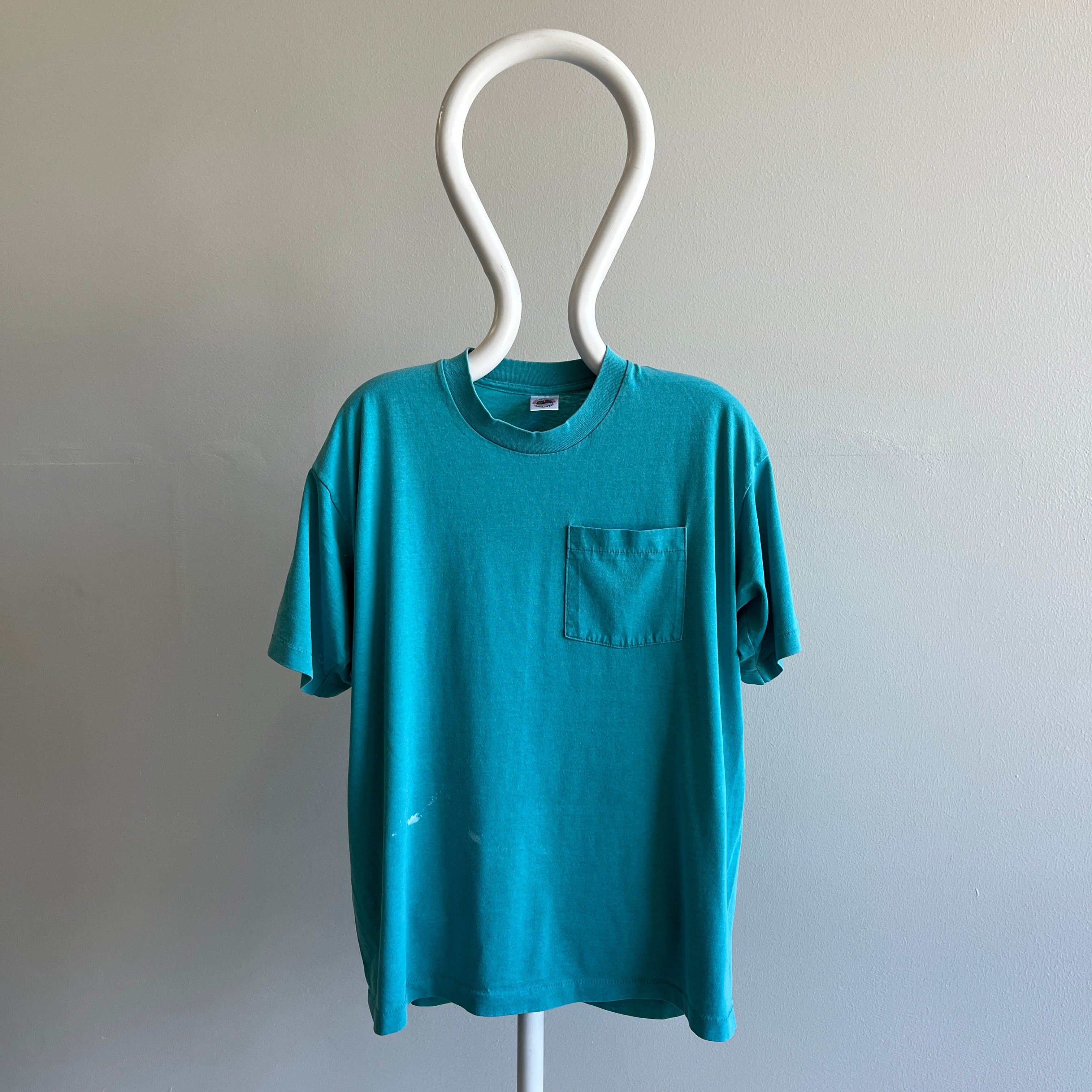 1980s Paint Stained Teal Single Stitch Pocket T-Shirt by FOTL
