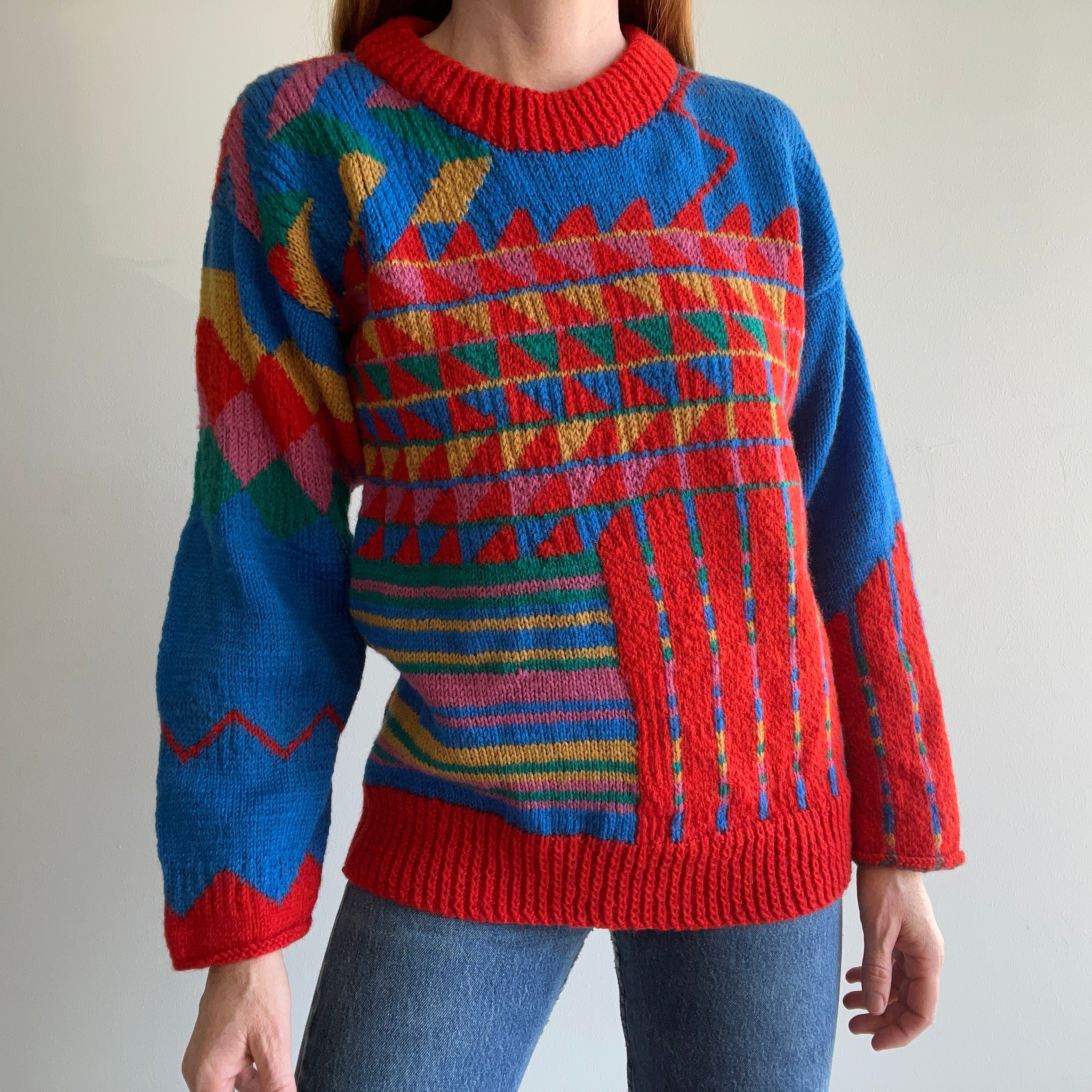 Pull géométrique en tricot à la main des années 1980 (je suis presque sûr)