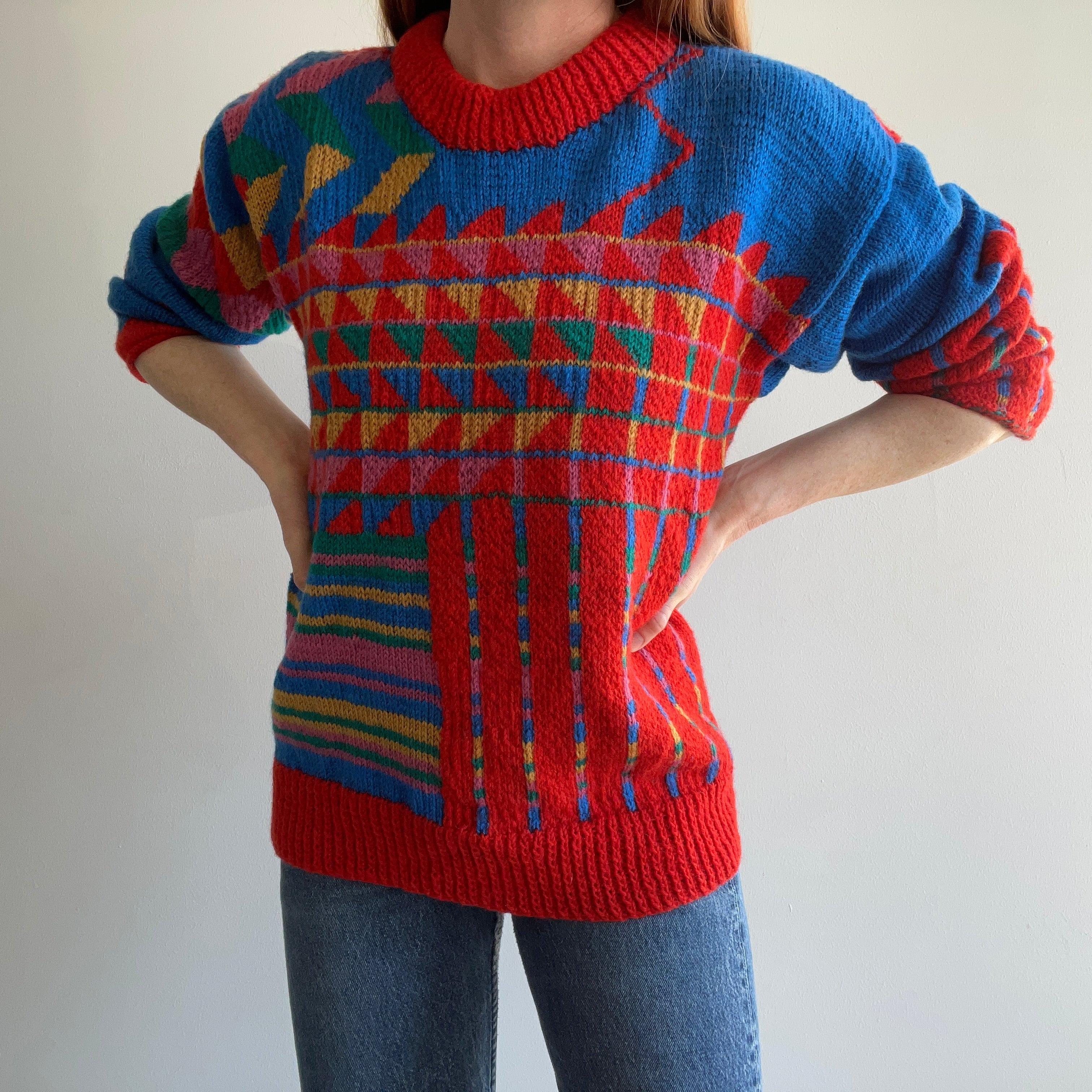 1980s Hand (I'm pretty sure) Knit Geometric Sweater