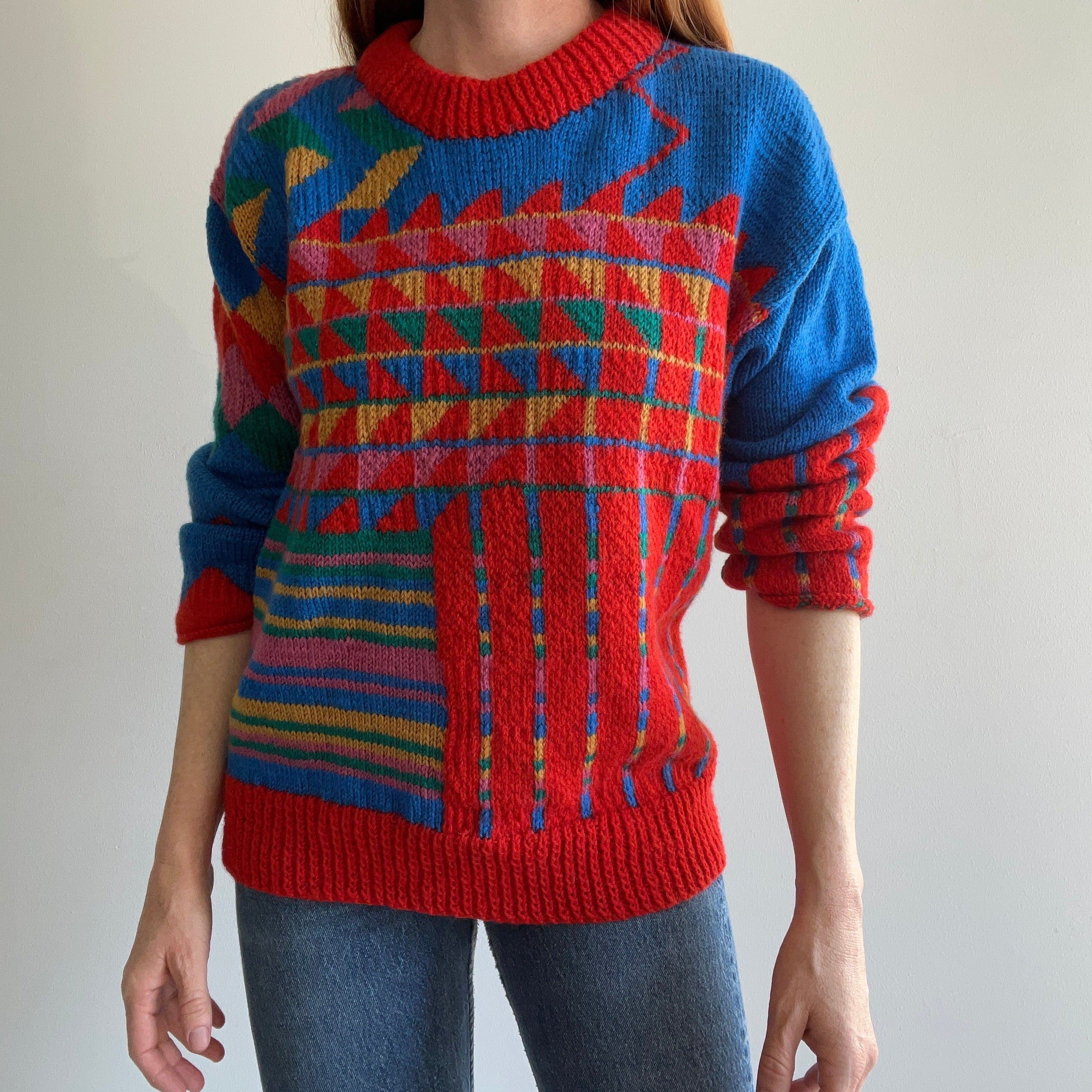 Pull géométrique en tricot à la main des années 1980 (je suis presque sûr)