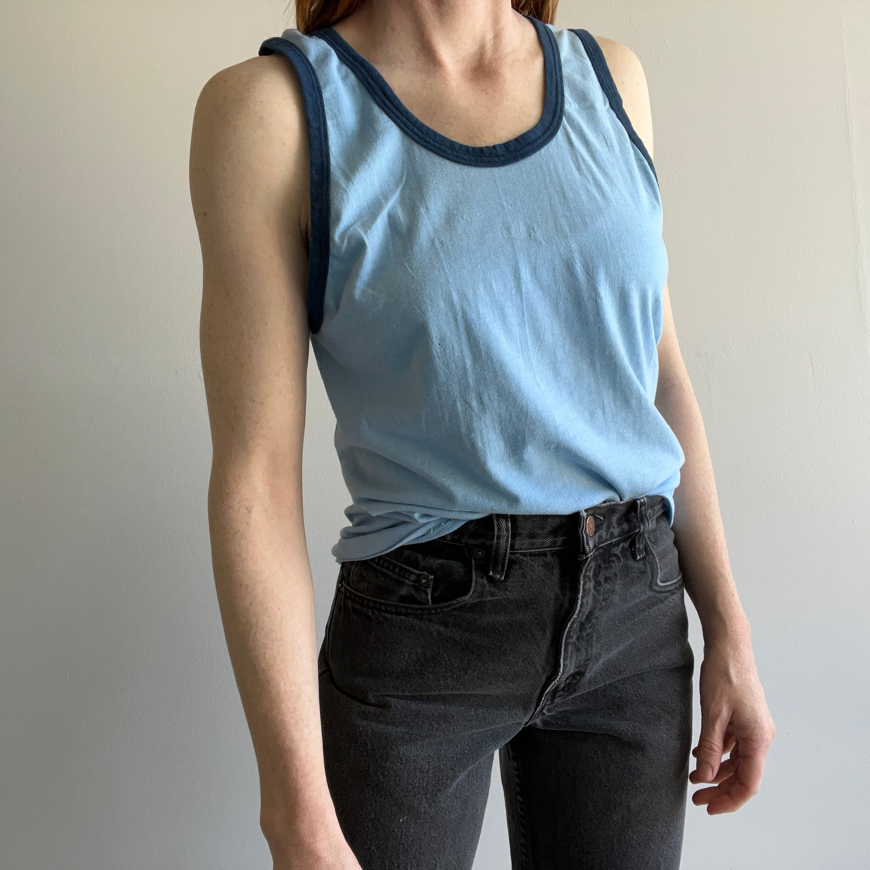 1970s Blank Blue Tank Top with Navy Ribbing