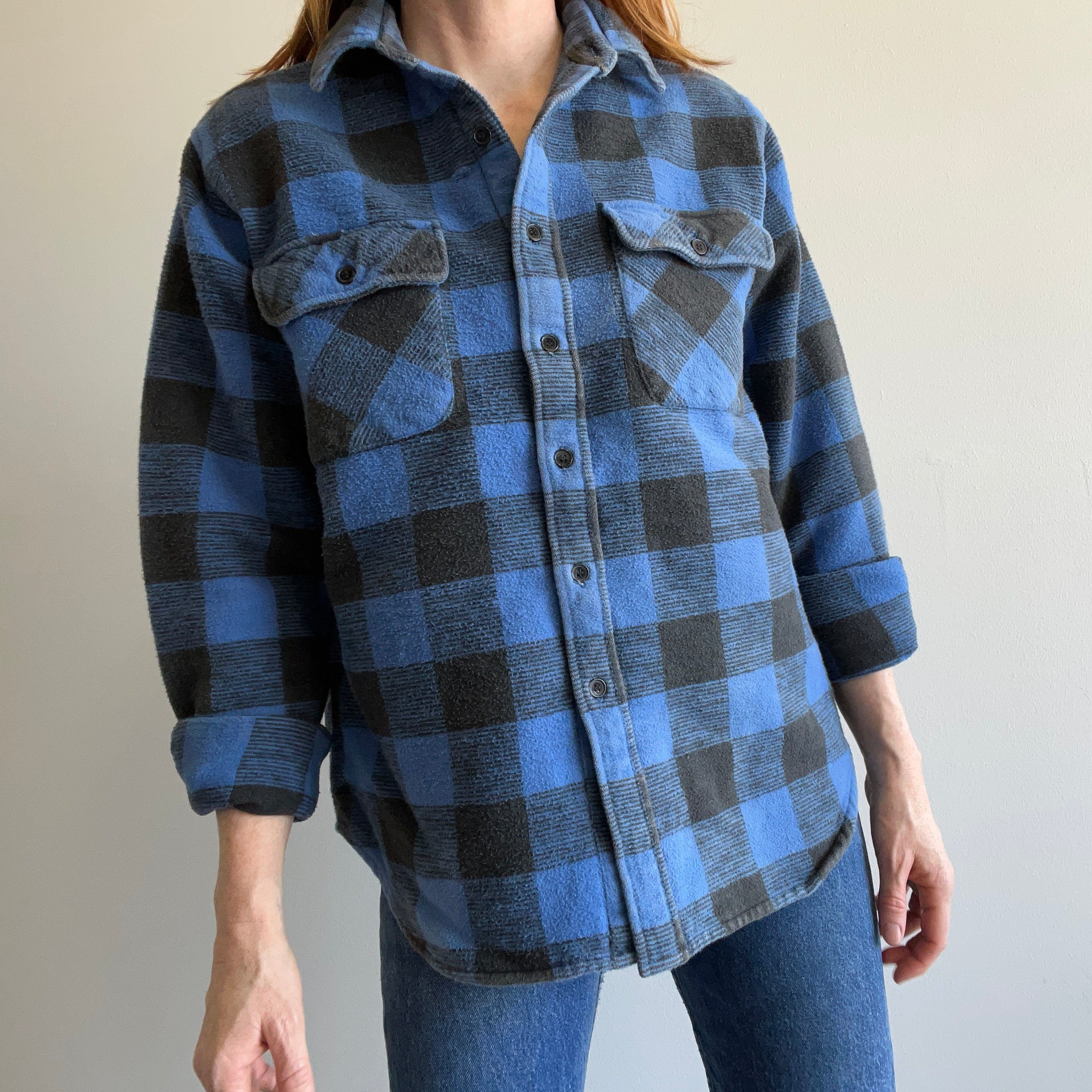 1990s Blue Buffalo Plaid HEAVY Moleskin Cotton Flannel