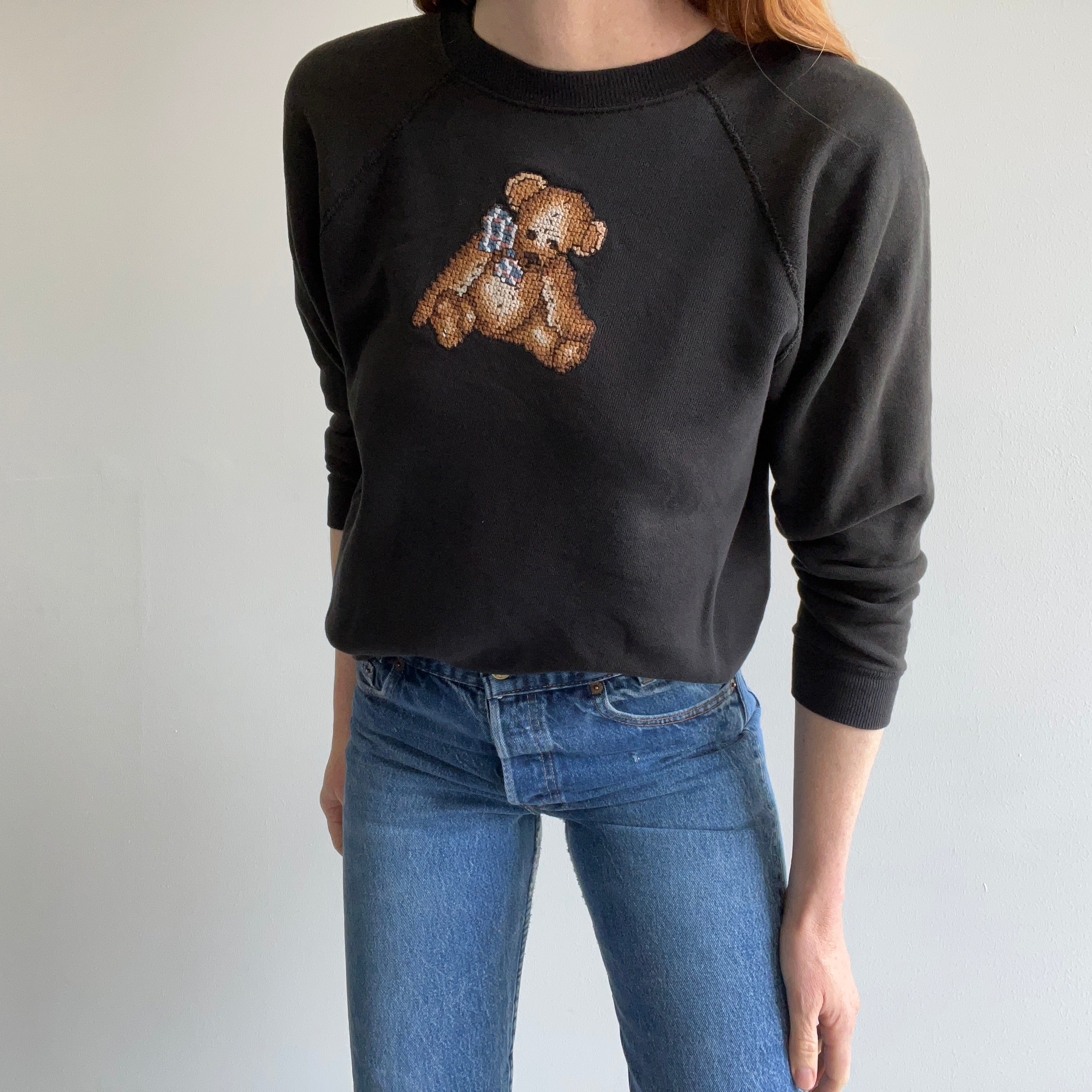 1980s DIY Handmade Needlepoint Teddy Bear Sweatshirt That Belonged to Sara