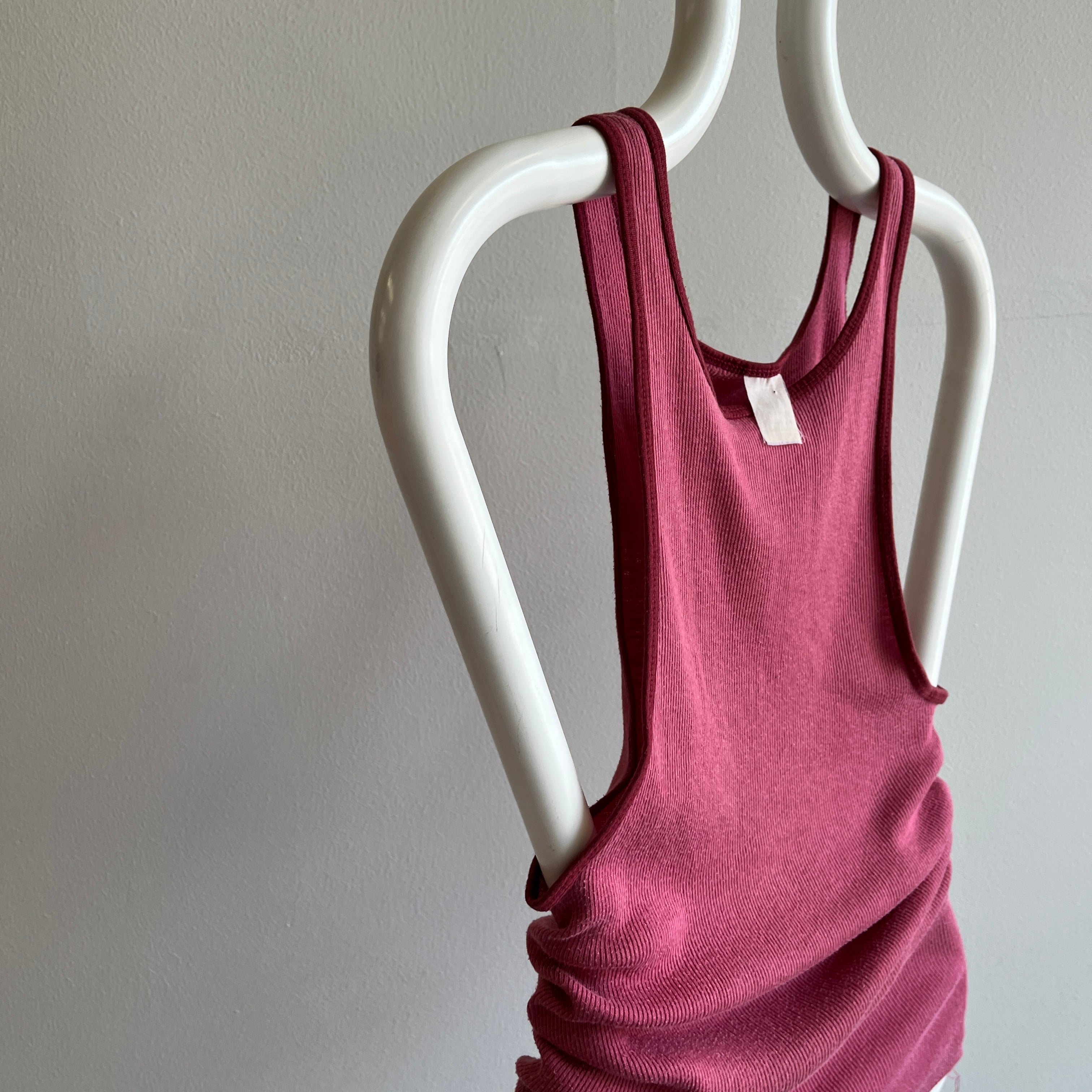 1970s Blank Dusty Rusty Rose Tank with Contrast Piping - Very Stretchy