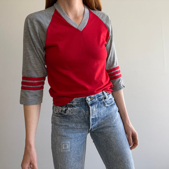 1970s V-Neck Baseball Triple Stripe 3/4 Sleeve T-Shirt