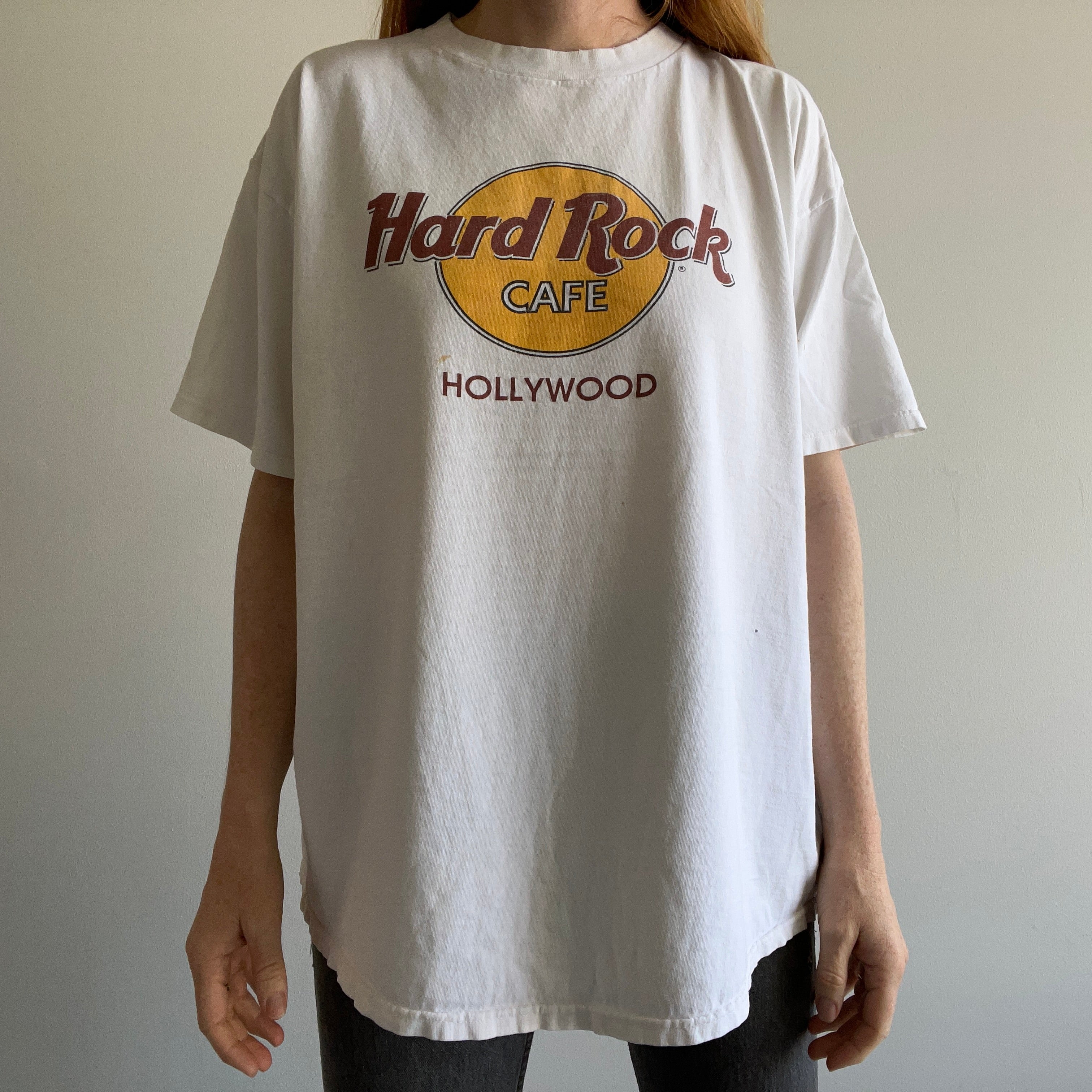 T-shirt blanc usé doux Hard Rock Hollywood des années 1990