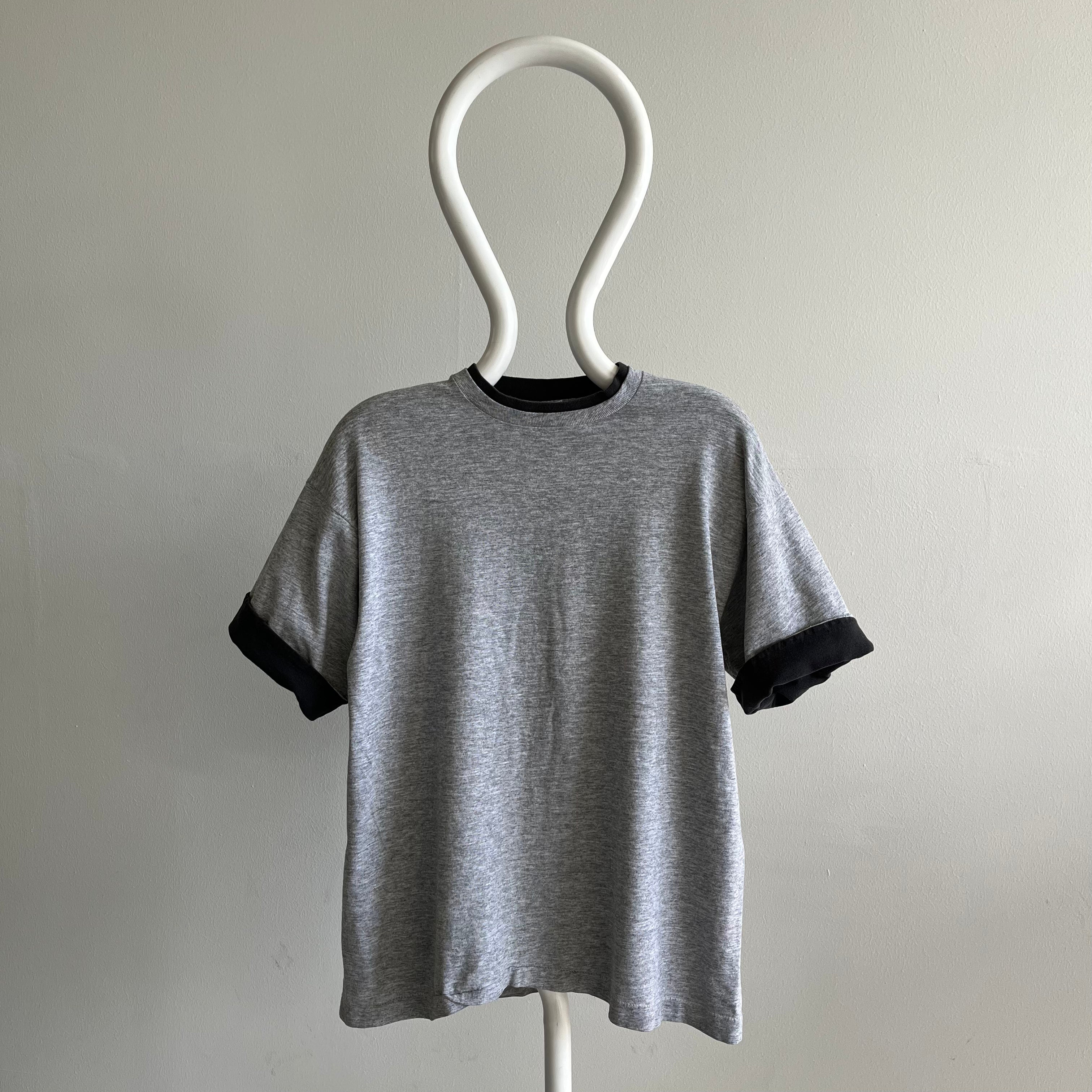 1990s Two Tone Contrast Roll Up Sleeve Gray and Black T-Shirt