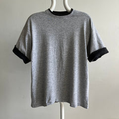 1990s Two Tone Contrast Roll Up Sleeve Gray and Black T-Shirt