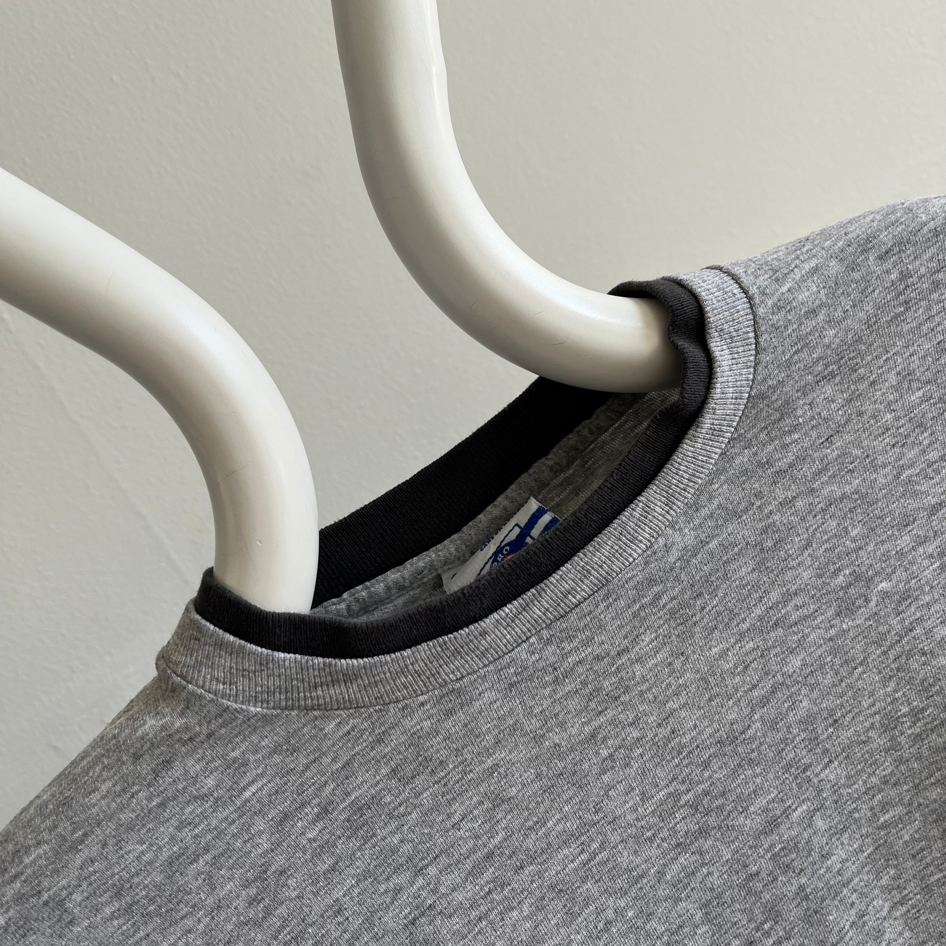 1990s Two Tone Contrast Roll Up Sleeve Gray and Black T-Shirt