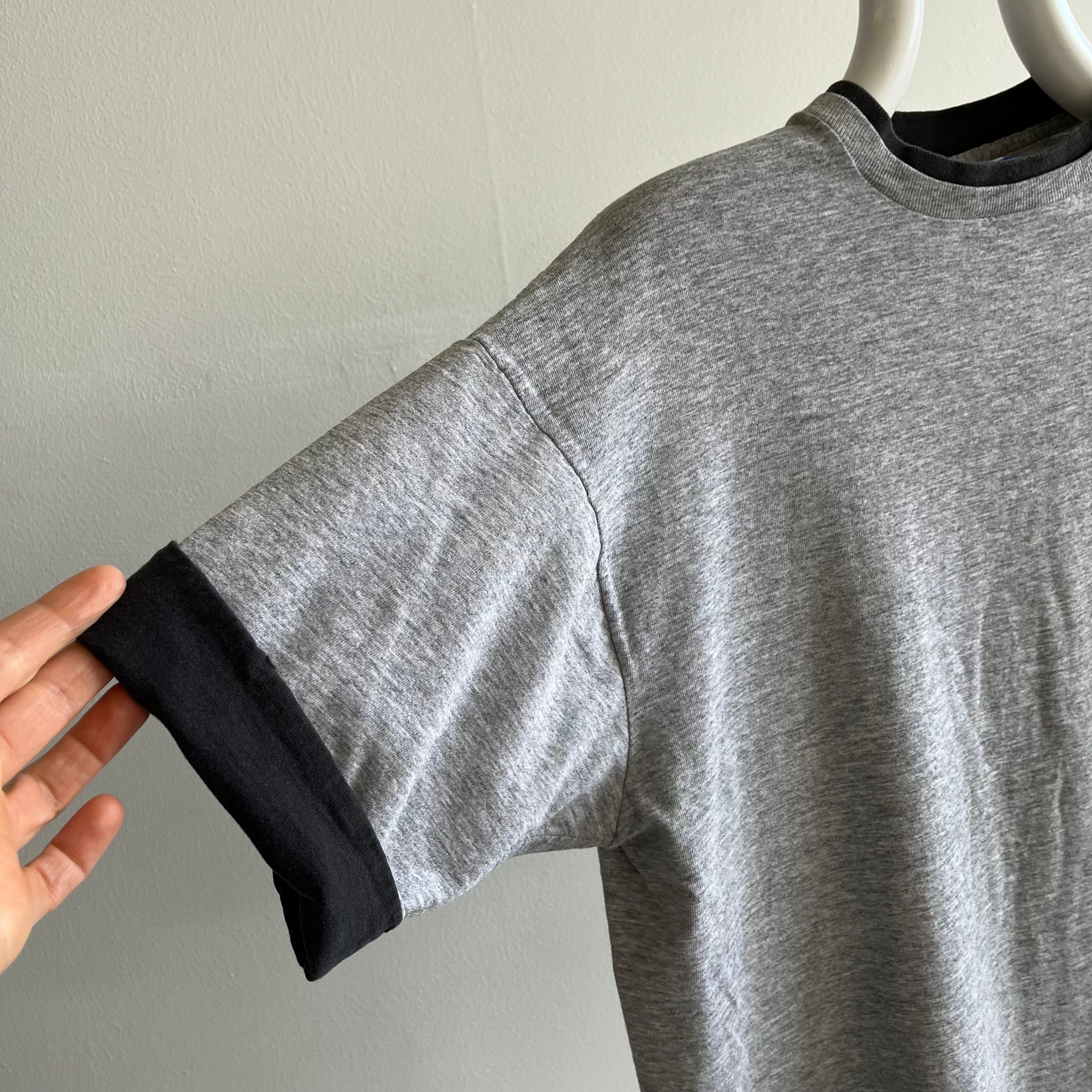 1990s Two Tone Contrast Roll Up Sleeve Gray and Black T-Shirt