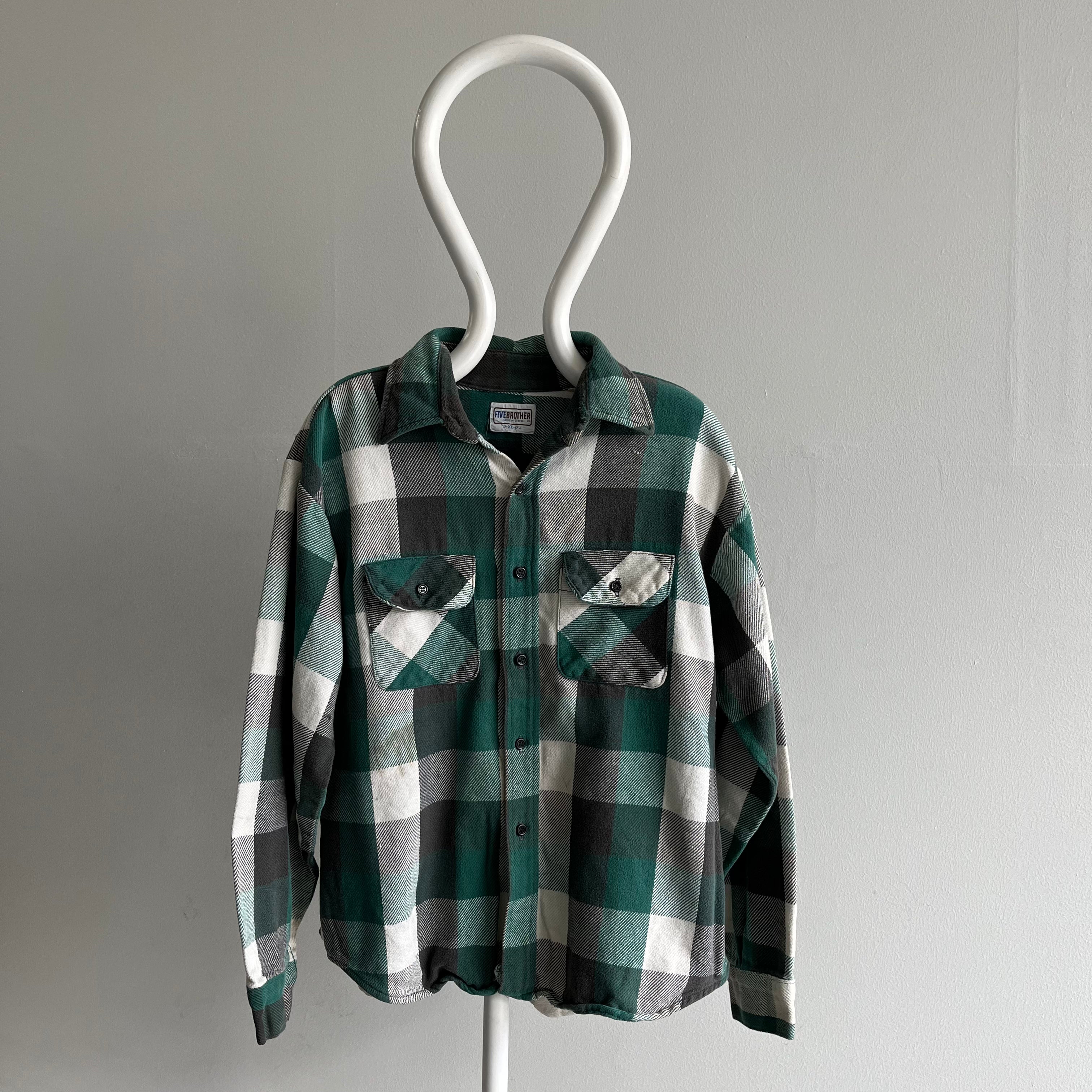 1990s Green and Black Watch Plaid Cotton Flannel by Five Brothers