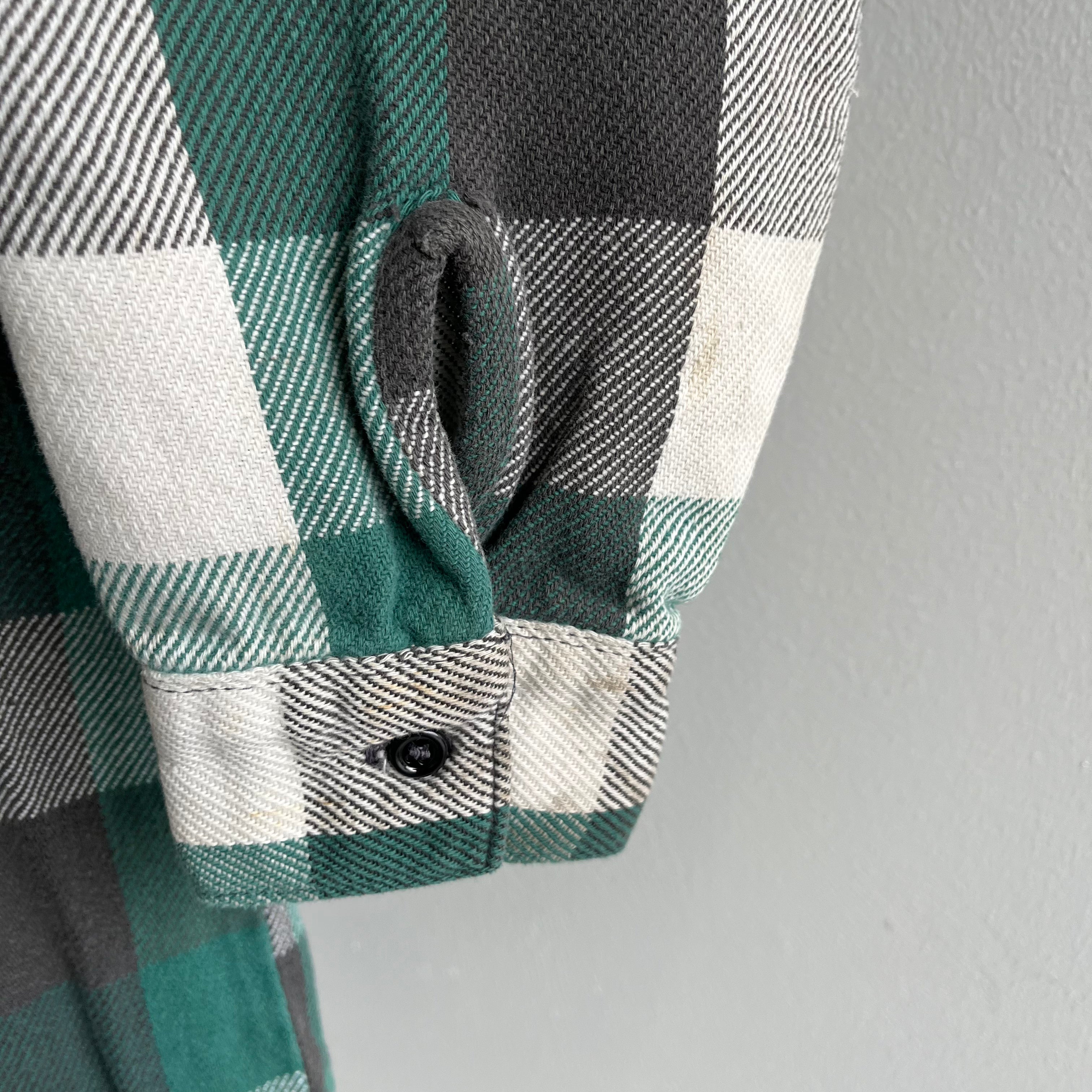 1990s Green and Black Watch Plaid Cotton Flannel by Five Brothers