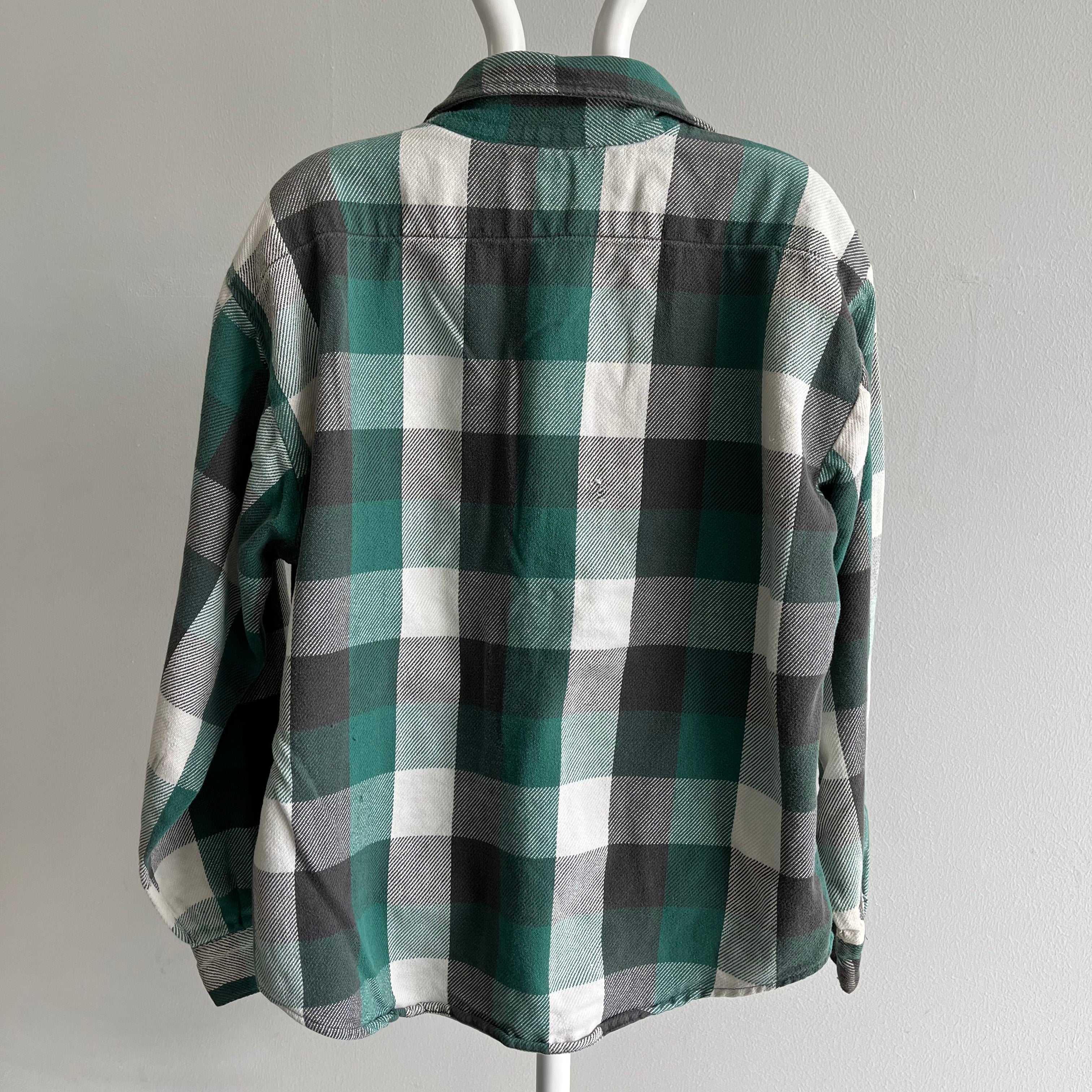 1990s Green and Black Watch Plaid Cotton Flannel by Five Brothers