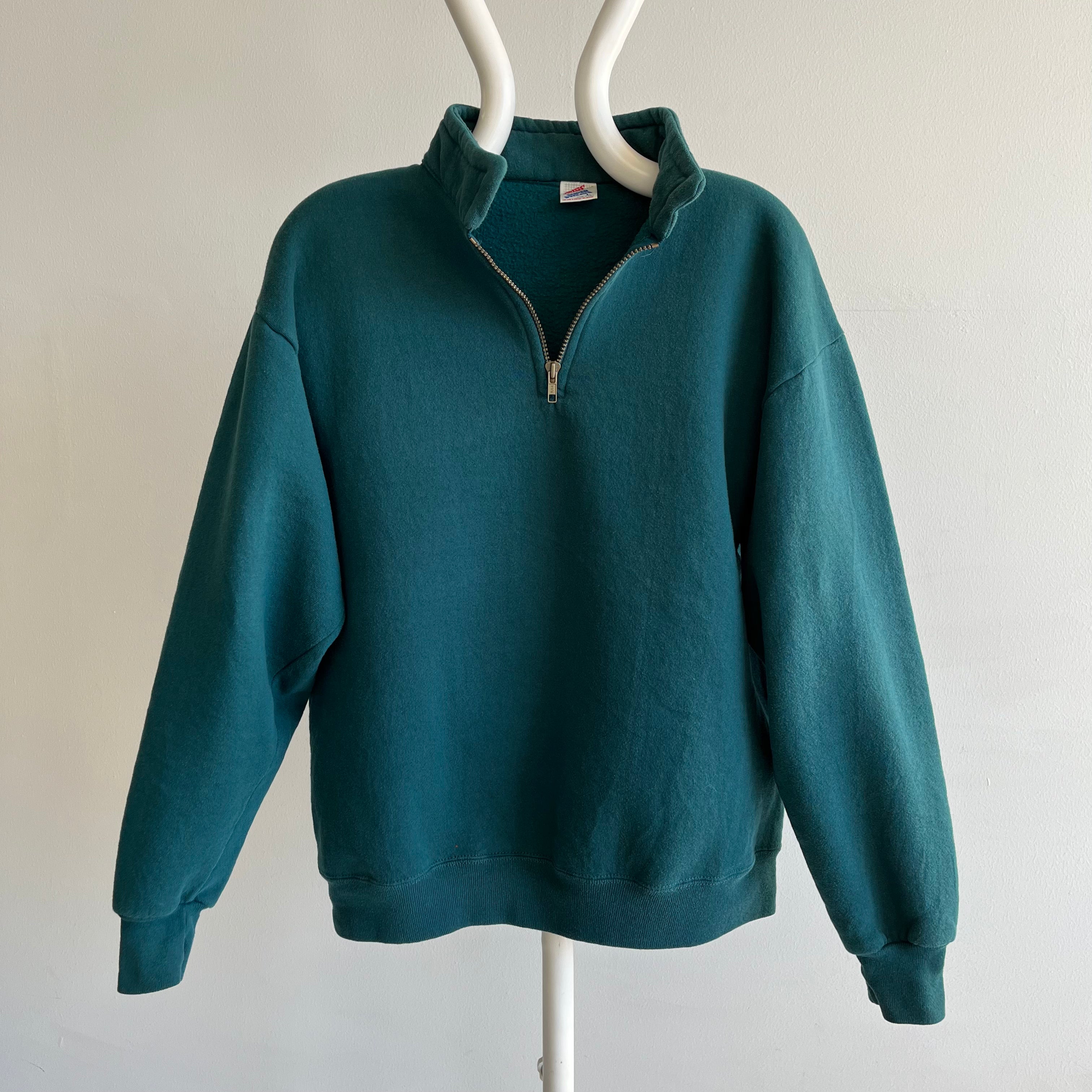 1980s Dark Blue Green 1/4 Zip Super Sweats by Jerzees Sweatshirt