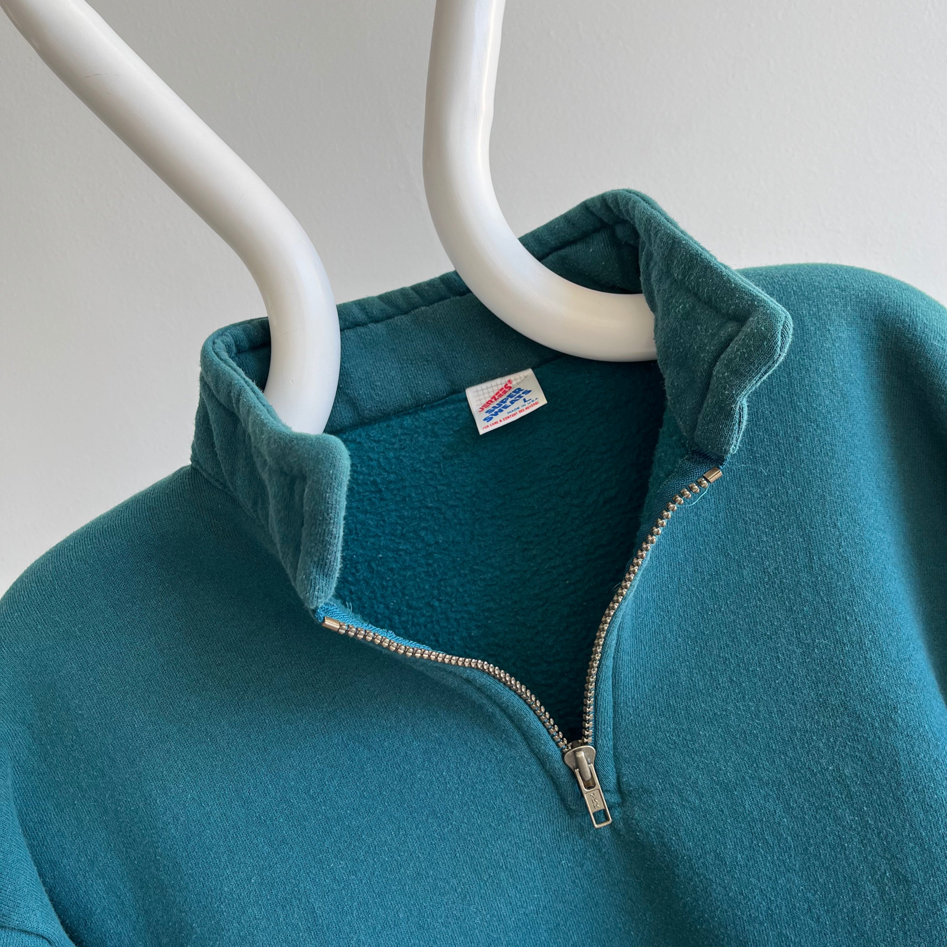 1980s Dark Blue Green 1/4 Zip Super Sweats by Jerzees Sweatshirt