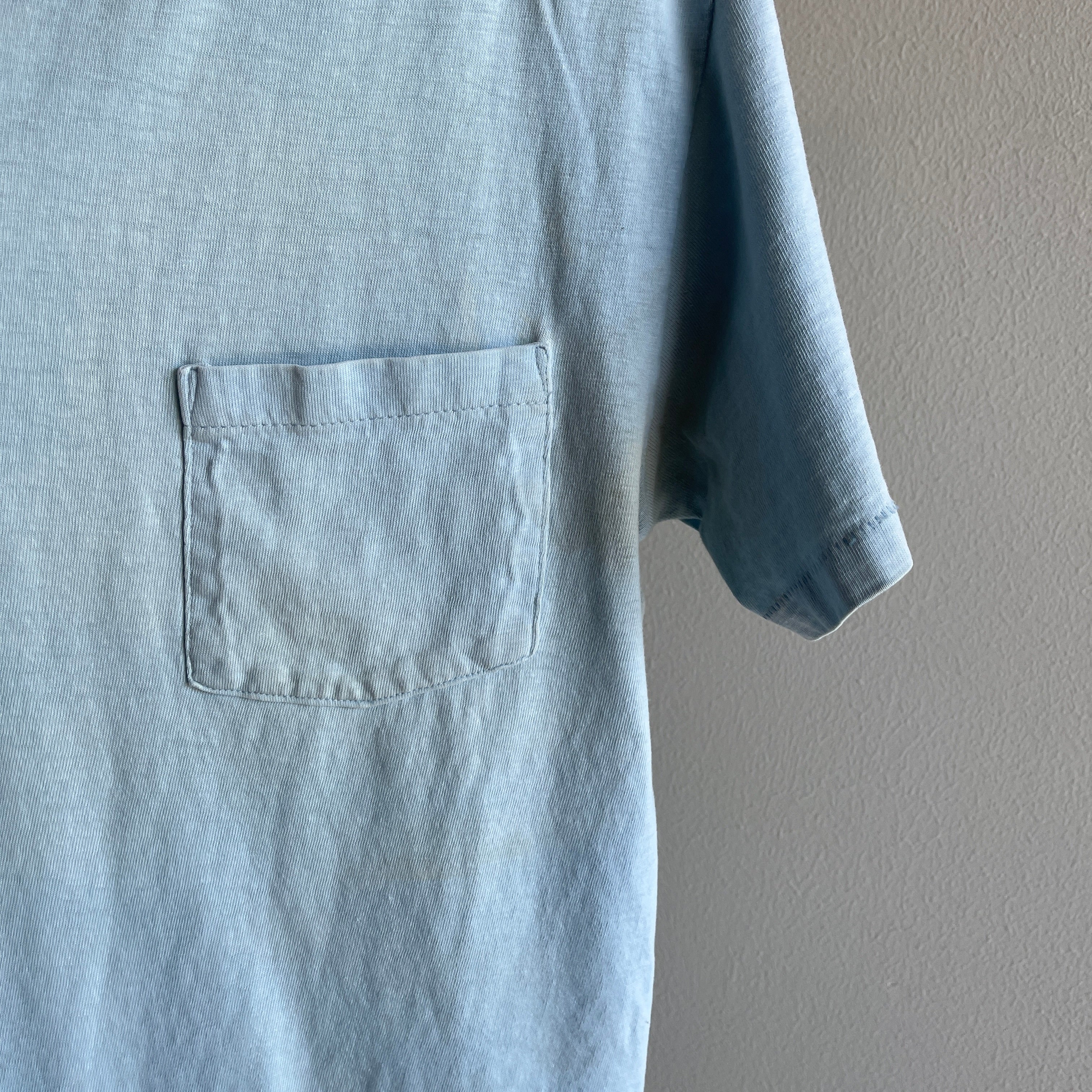 GG 1980s Super Faded and Stained Light Baby Blue Cotton Pocket T-Shirt