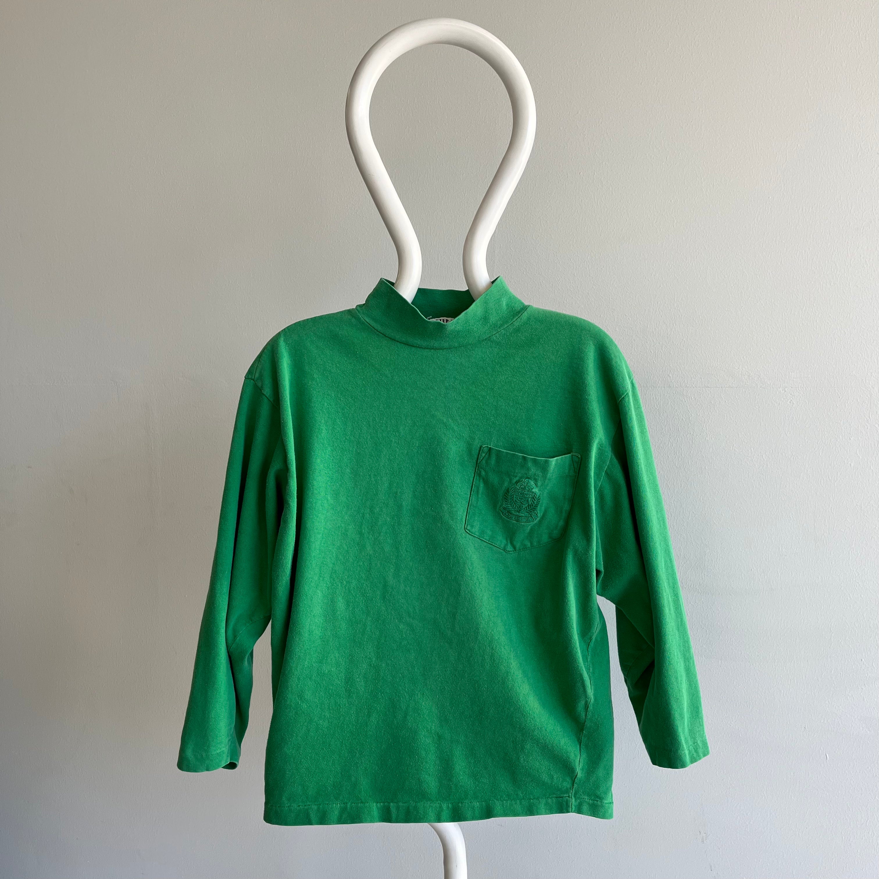 1980s Mock Neck 3/4 Sleeve Cotton Kelly Green Pocket T-Shirt