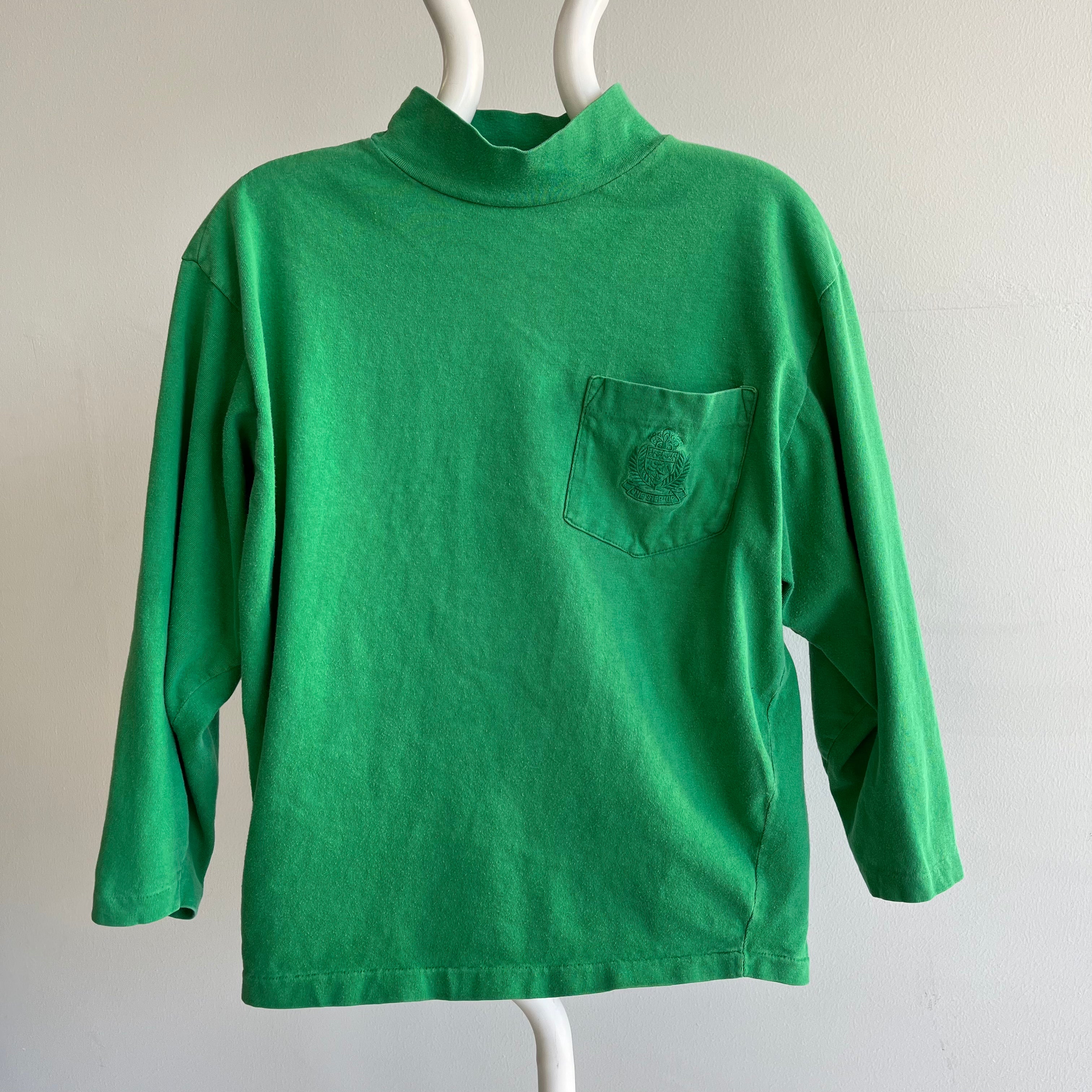1980s Mock Neck 3/4 Sleeve Cotton Kelly Green Pocket T-Shirt