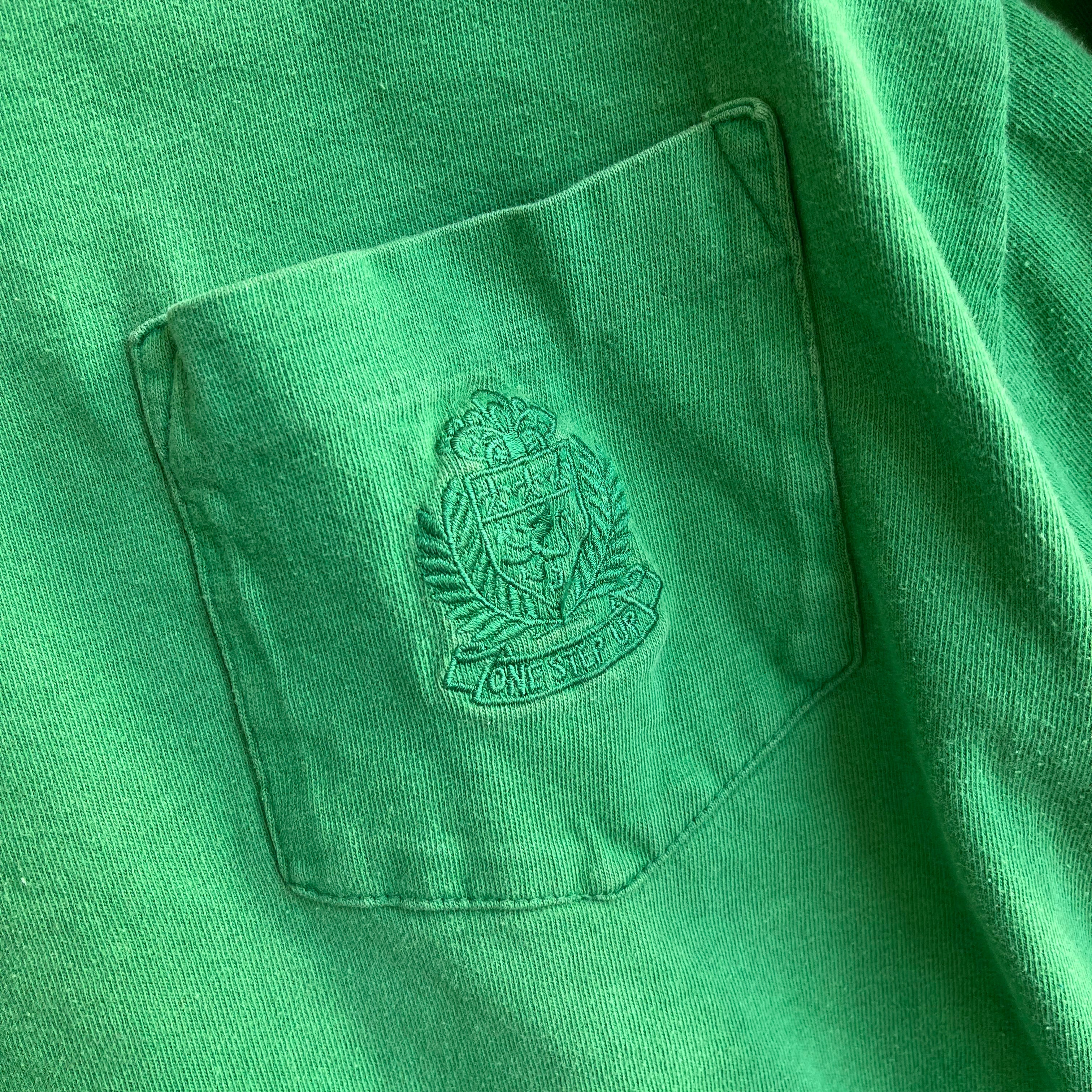 1980s Mock Neck 3/4 Sleeve Cotton Kelly Green Pocket T-Shirt