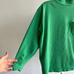 1980s Mock Neck 3/4 Sleeve Cotton Kelly Green Pocket T-Shirt