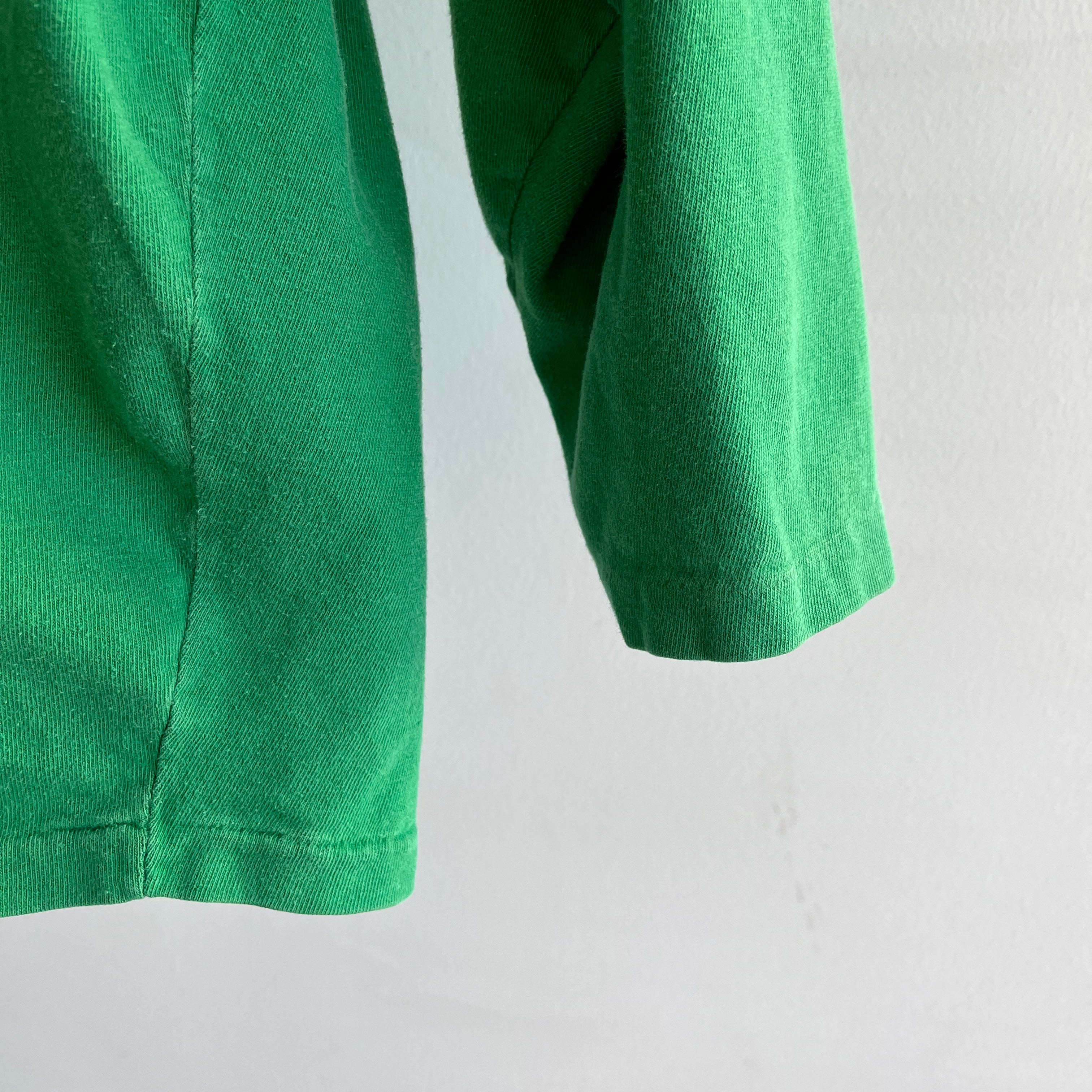 1980s Mock Neck 3/4 Sleeve Cotton Kelly Green Pocket T-Shirt