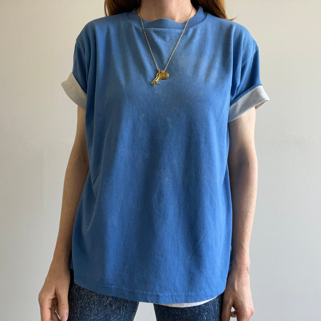 T-shirt Twofer bleu et blanc réversible des années 1980/90 - FUN !