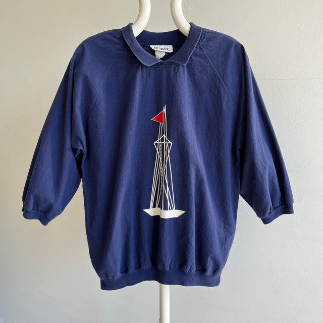 1980s Lightweight Cotton Collared 3/4 sleeve Blouse/Sweatshirt Cut/Shirt