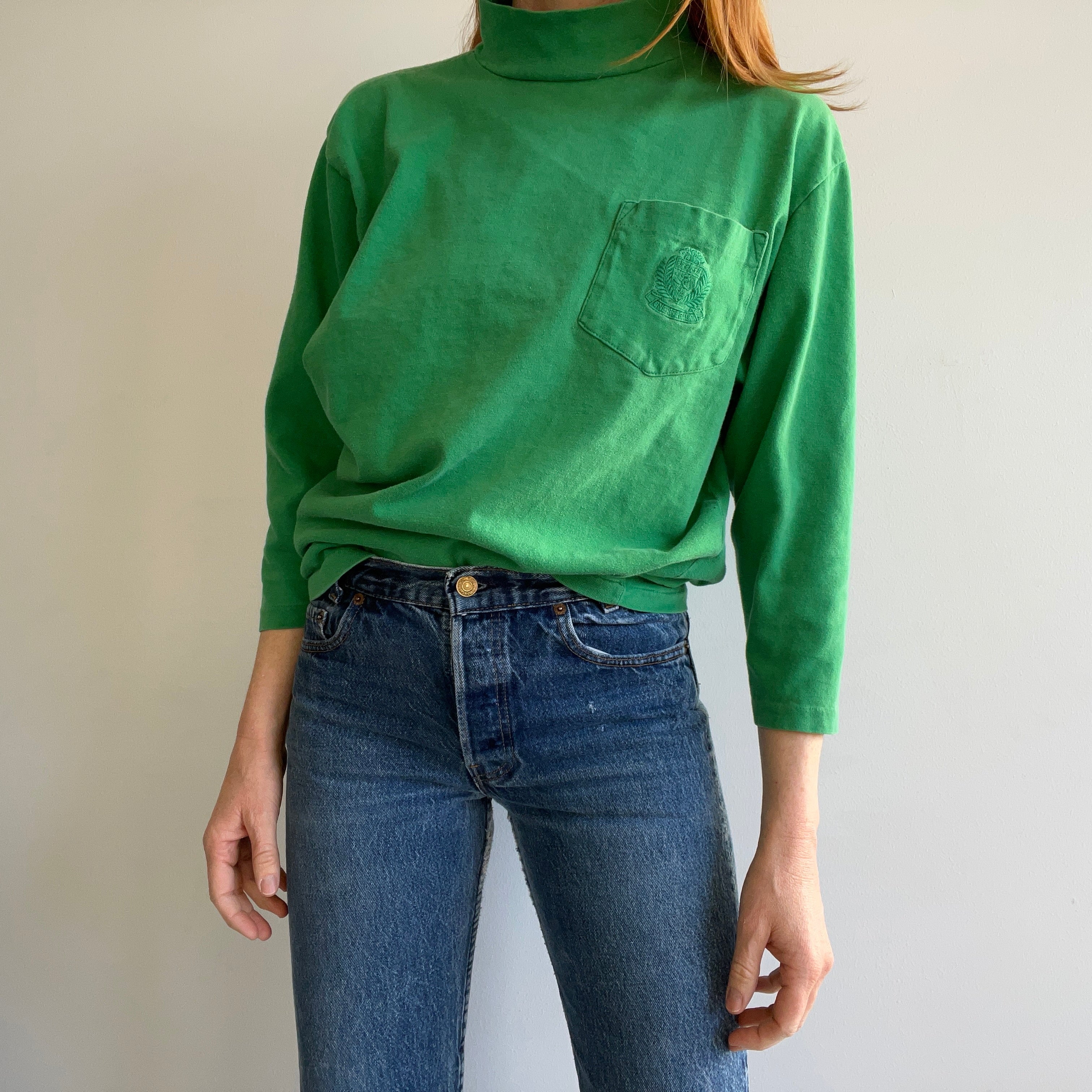 1980s Mock Neck 3/4 Sleeve Cotton Kelly Green Pocket T-Shirt