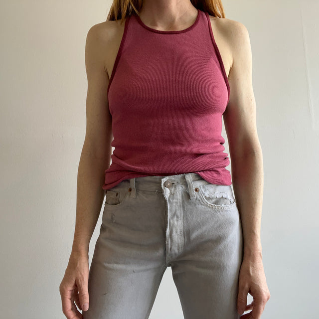 1970s Blank Dusty Rusty Rose Tank with Contrast Piping - Very Stretchy