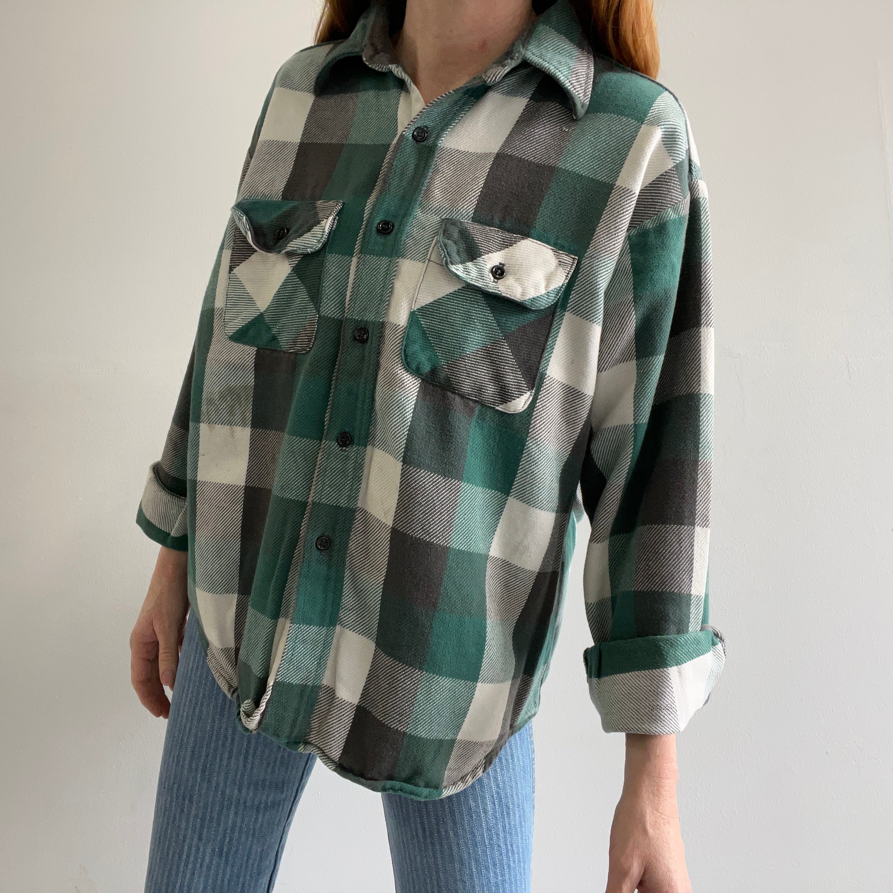 1990s Green and Black Watch Plaid Cotton Flannel by Five Brothers