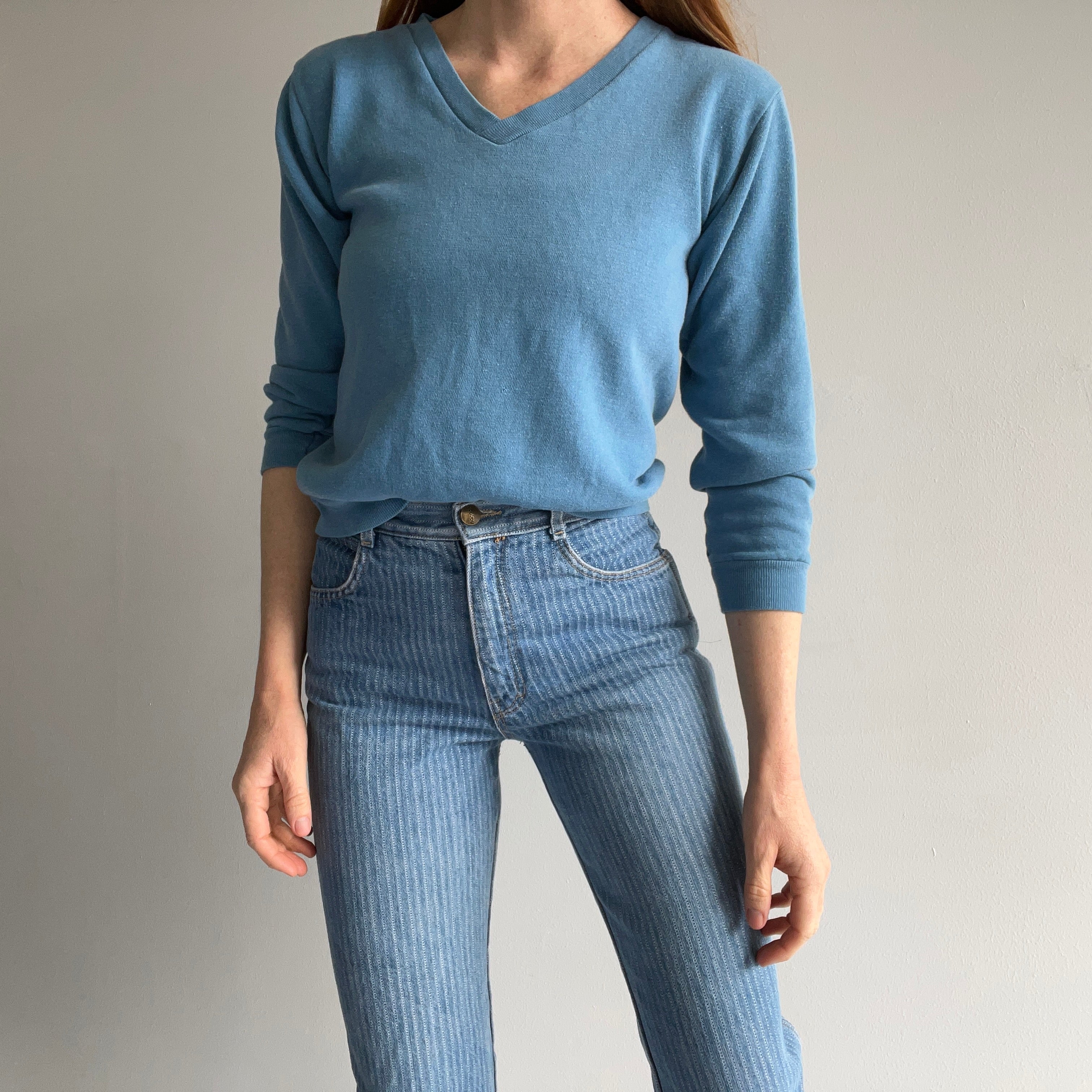 1970s Baby Blue V-Neck Delight