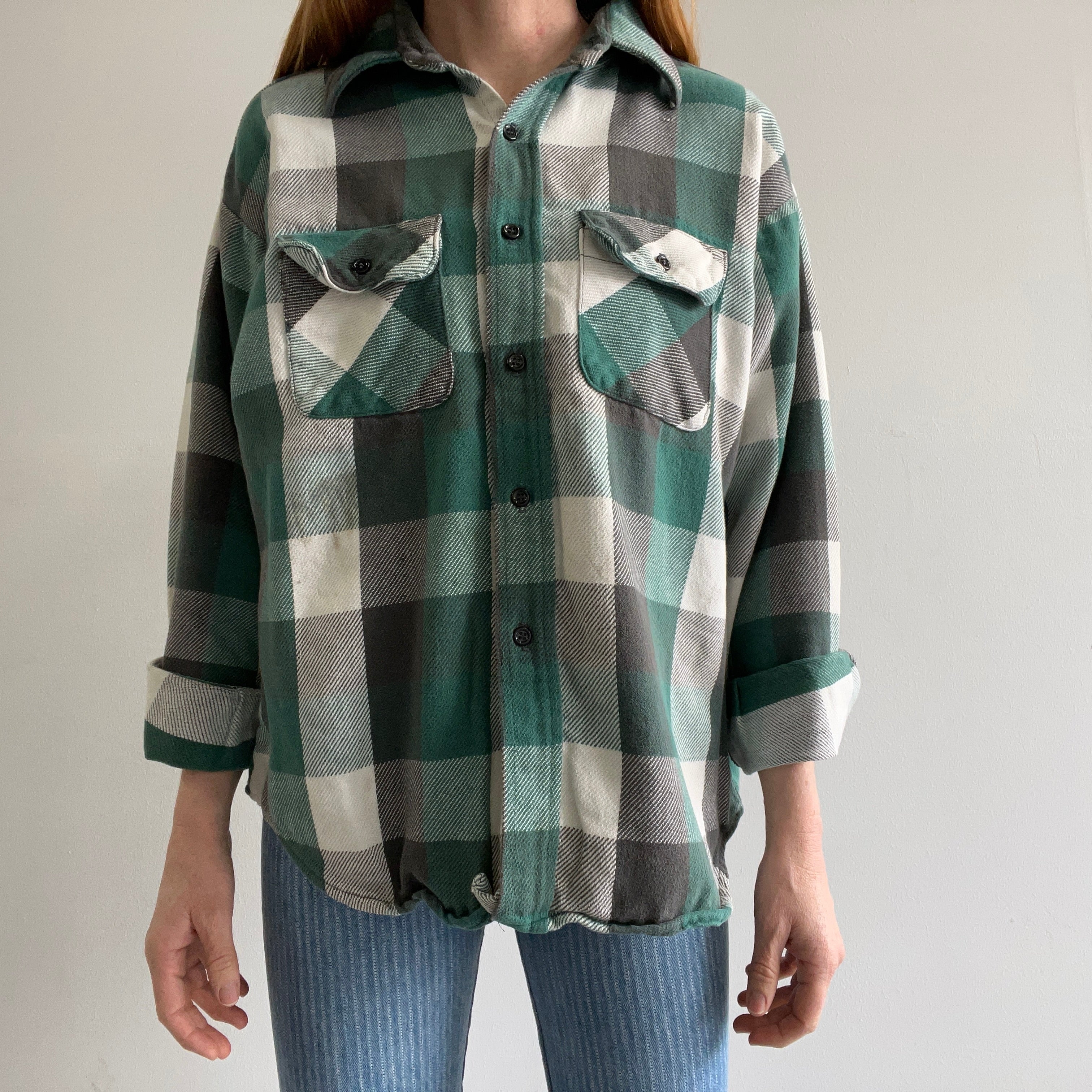 1990s Green and Black Watch Plaid Cotton Flannel by Five Brothers