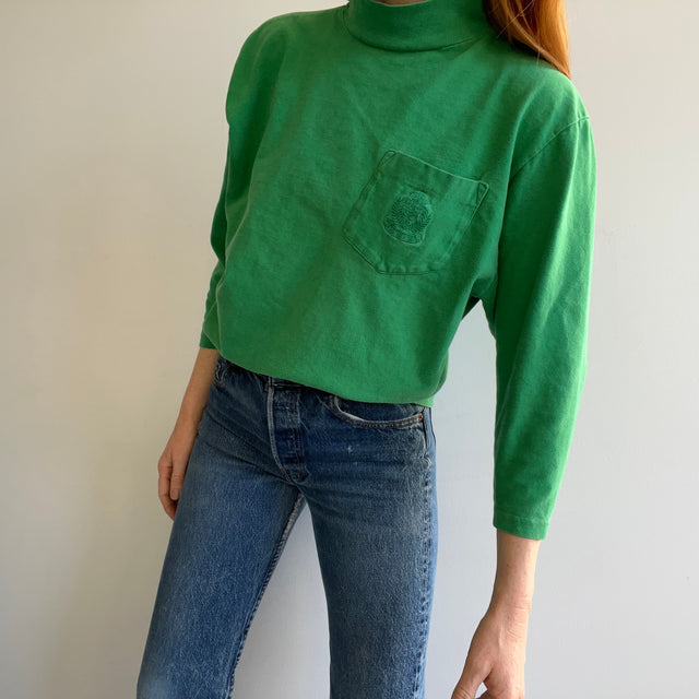 1980s Mock Neck 3/4 Sleeve Cotton Kelly Green Pocket T-Shirt