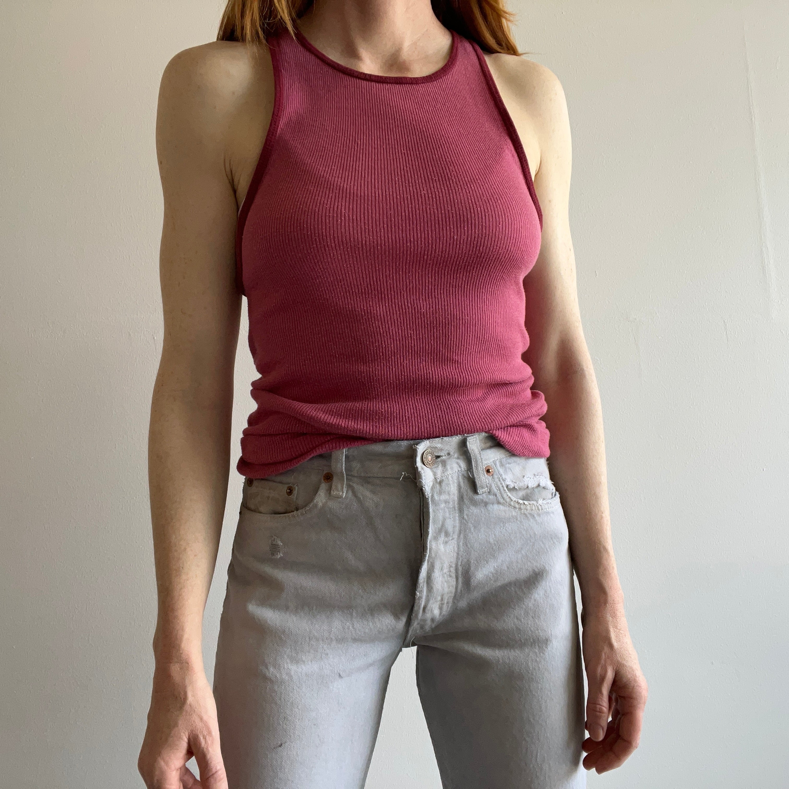 1970s Blank Dusty Rusty Rose Tank with Contrast Piping - Very Stretchy