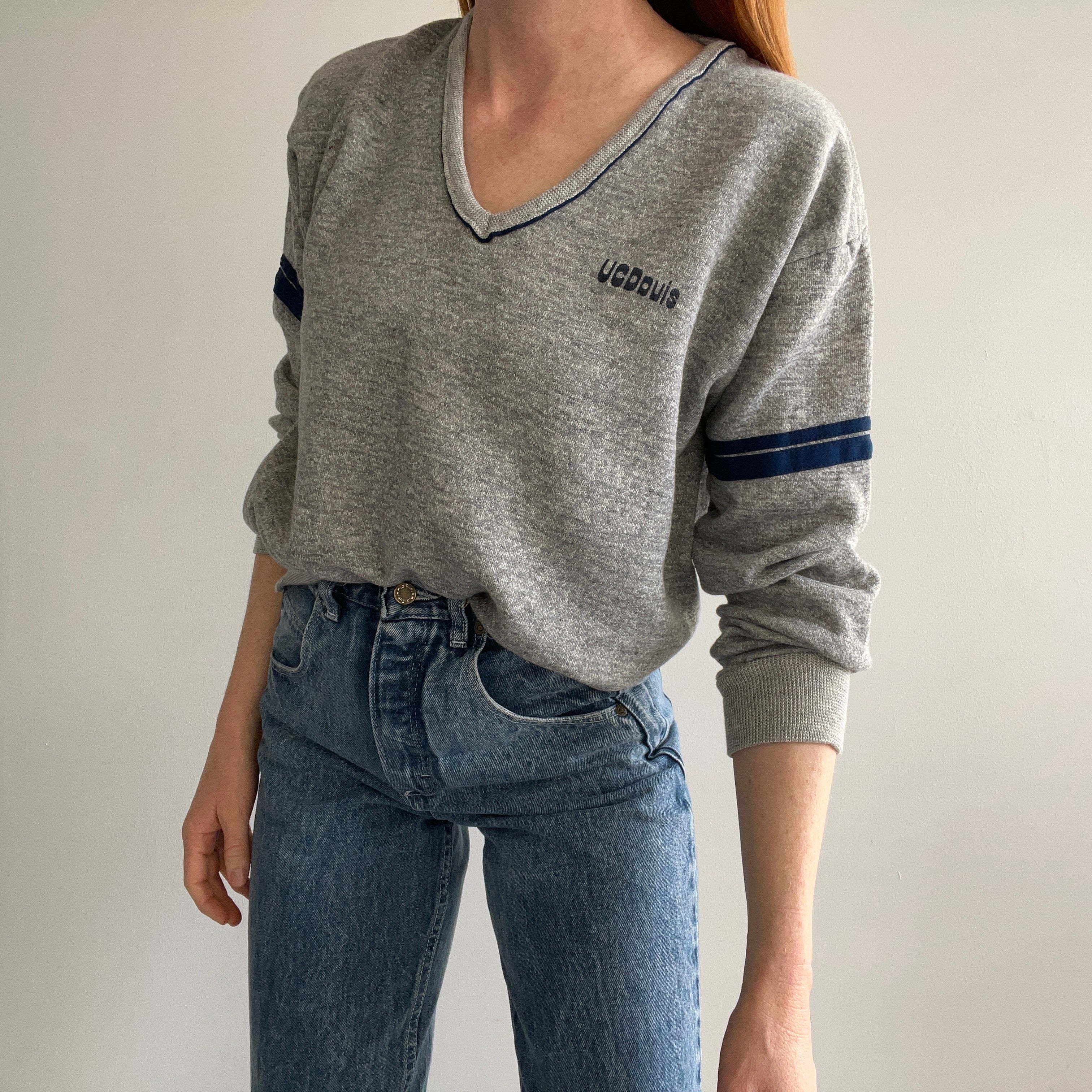 1970s UC Davis Double Stripe V-Neck Sweatshirt by Sportswear