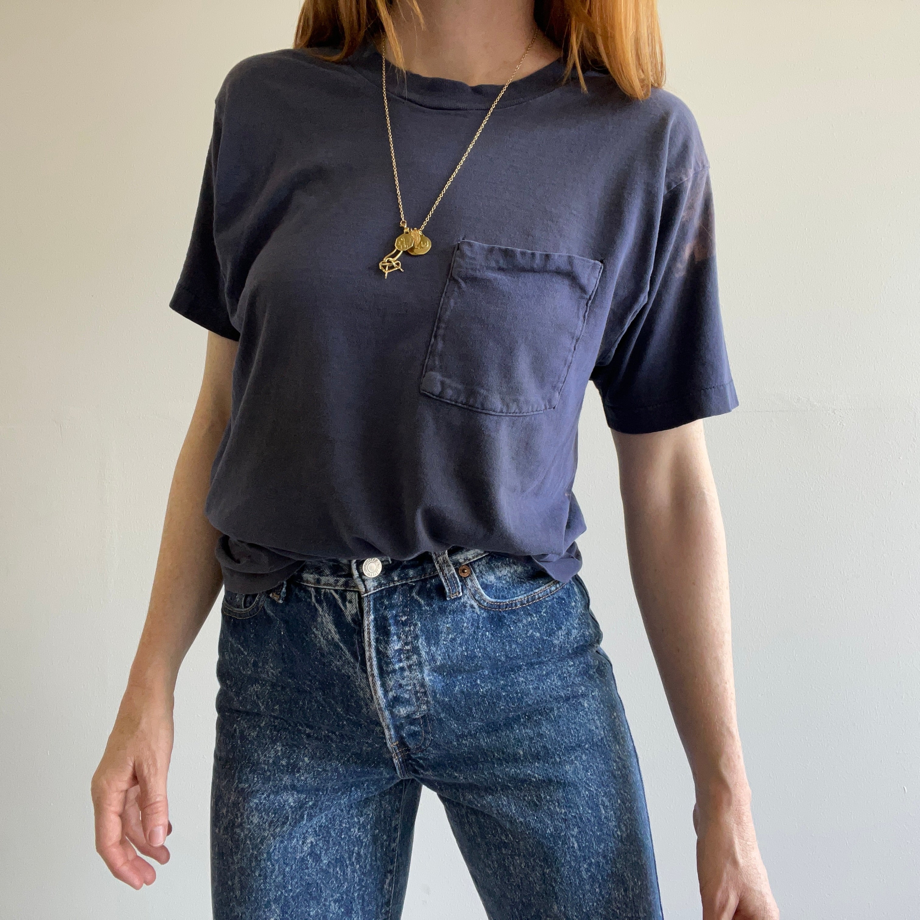 1980s RAD!!!  TRASHED Bleach Stained Blank Navy Pocket T-Shirt