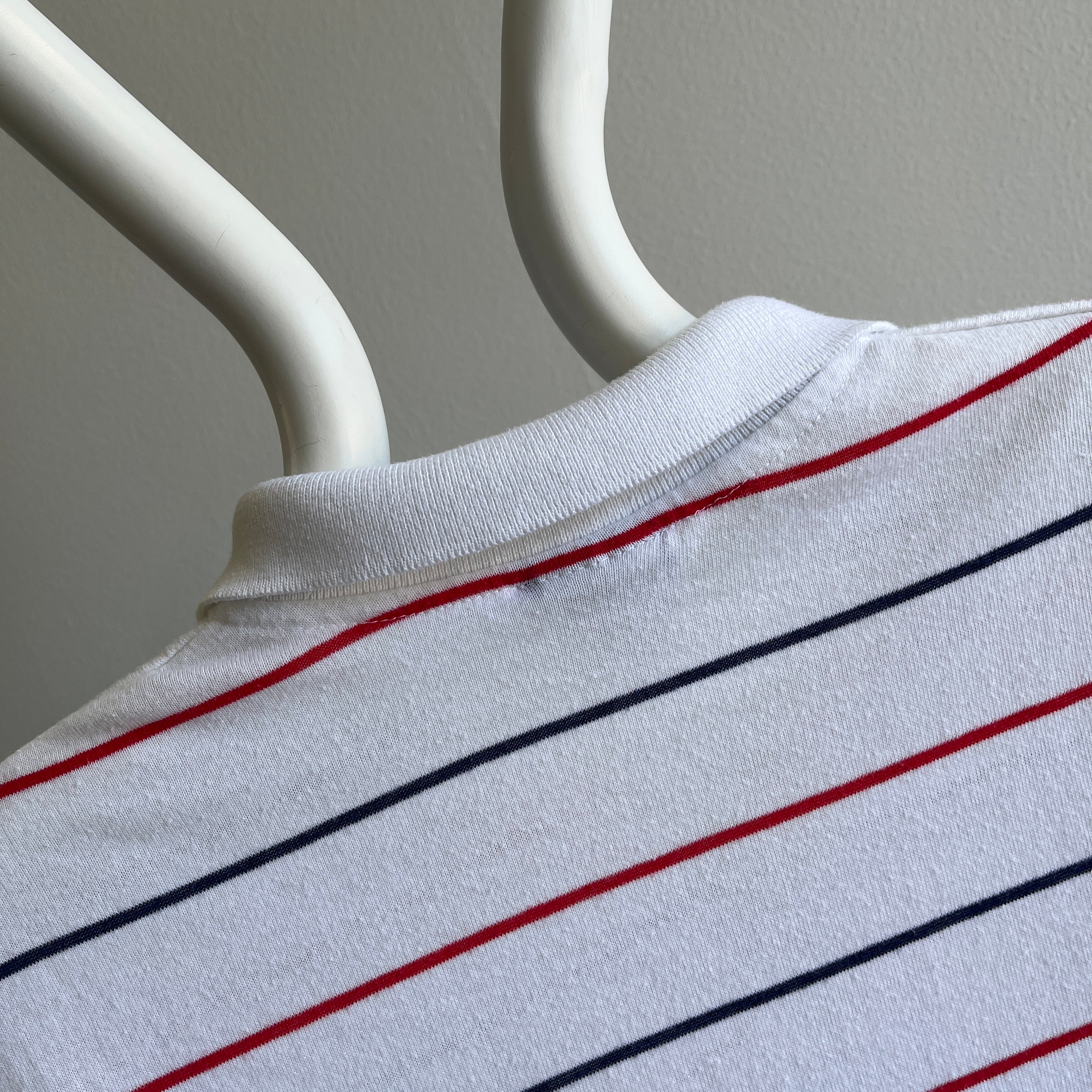 1990s Red and Blue Thin Striped Polo T-Shirt