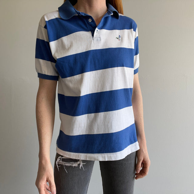 T-shirt polo rayé bleu et blanc GG des années 1980 fabriqué aux États-Unis