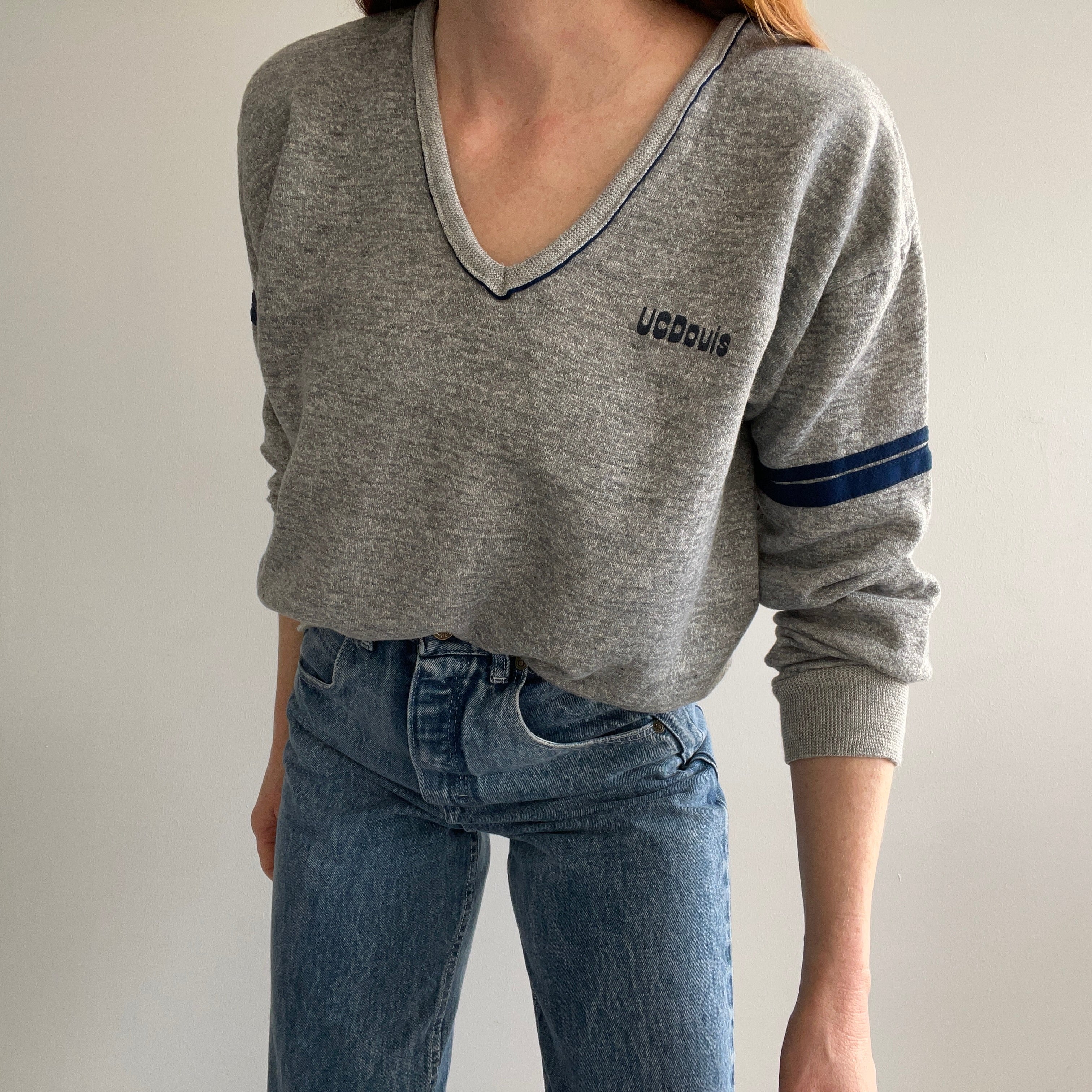 1970s UC Davis Double Stripe V-Neck Sweatshirt by Sportswear