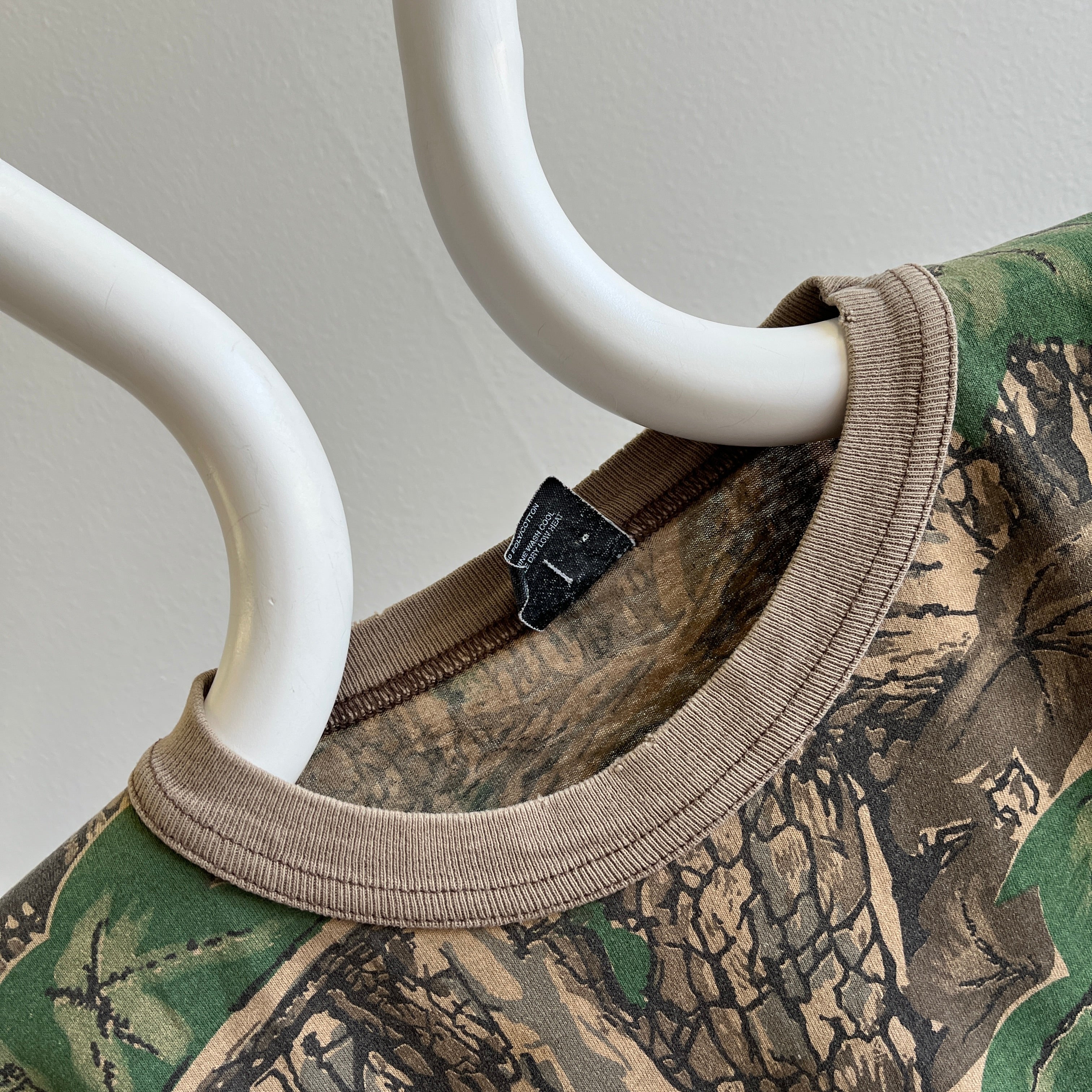 1980s Rebark Hunting Camo Long Sleeve T-Shirt with Holes on Backside