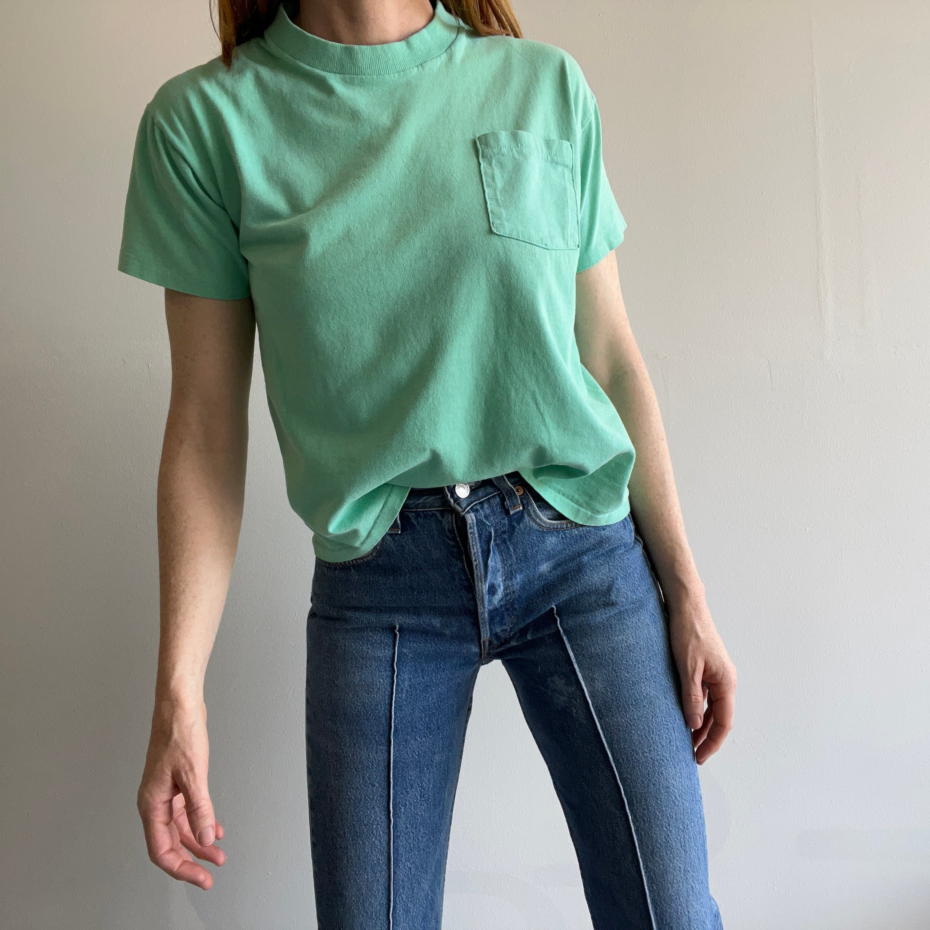 1980s Sea Foam Green Cotton Pocket T-Shirt by Sun Belt