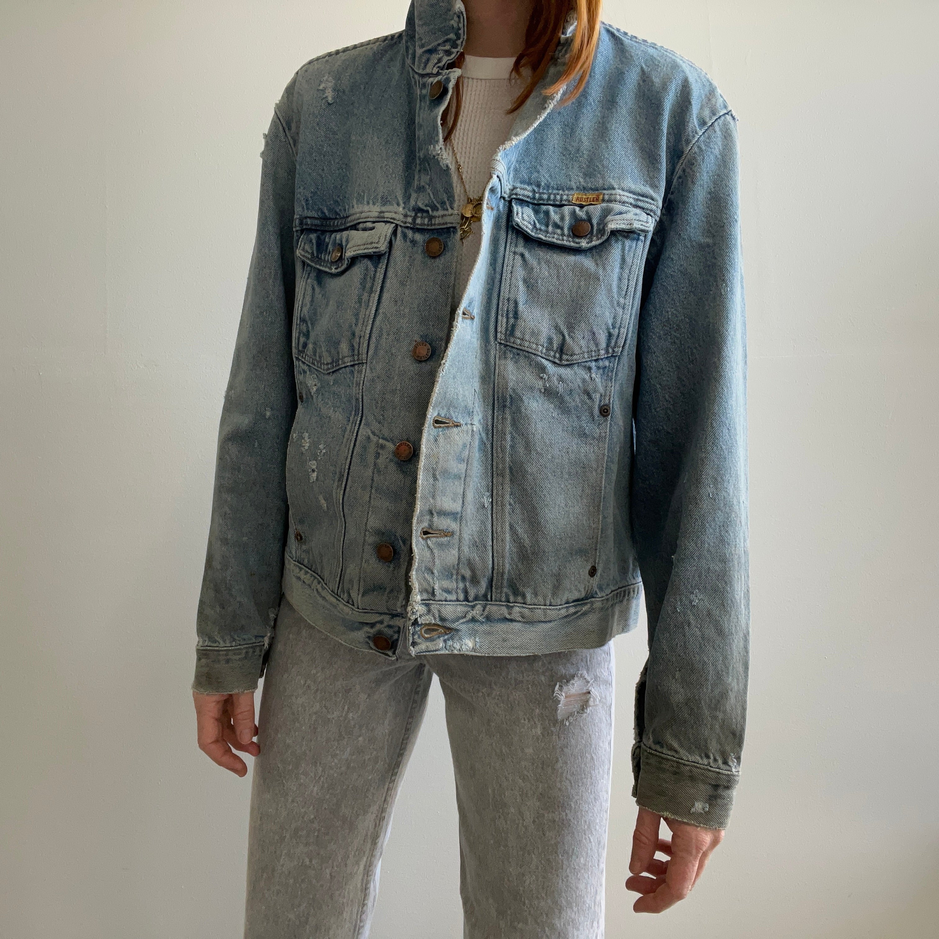 Veste en jean Rustler Super Beat Up des années 1980, douce et tachée