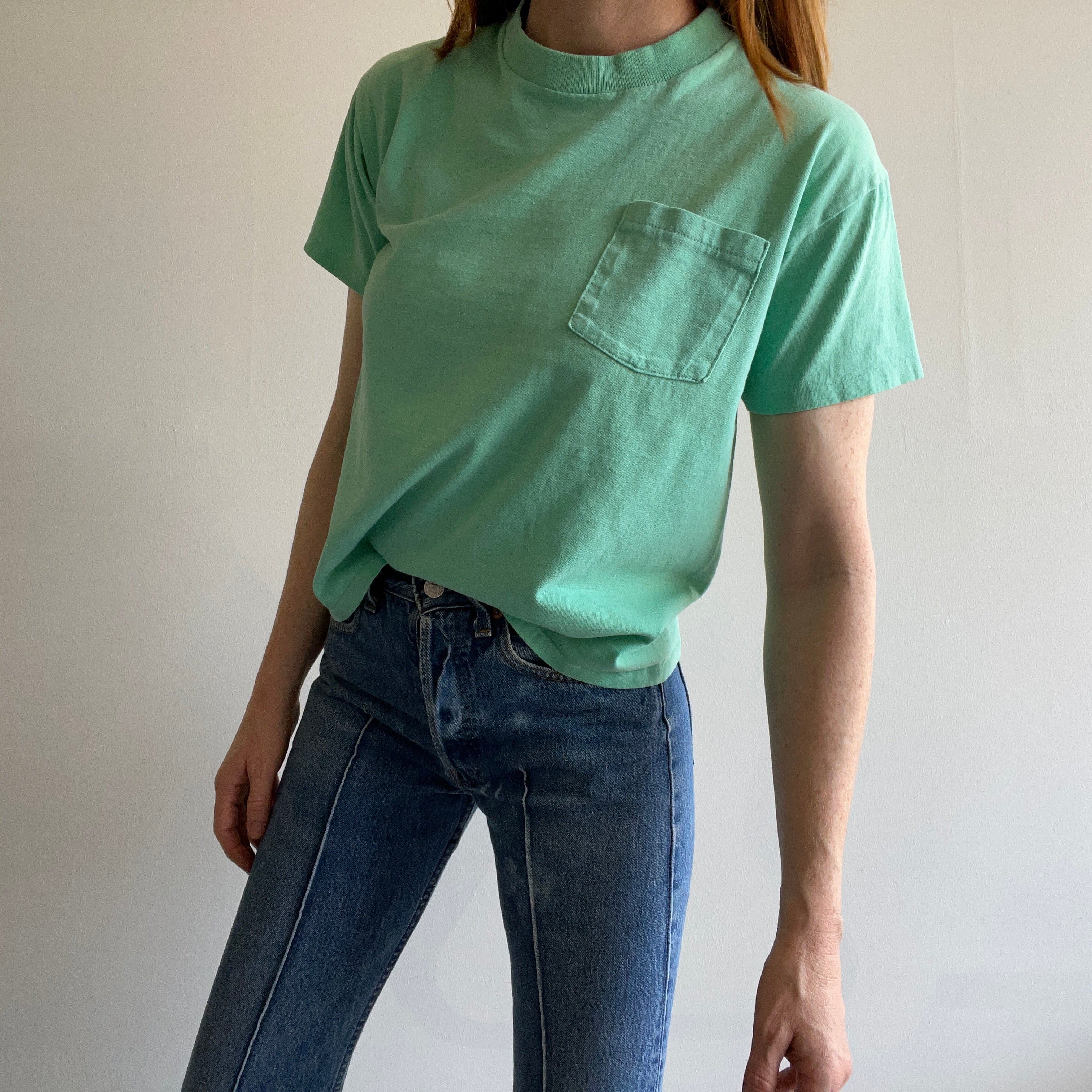 1980s Sea Foam Green Cotton Pocket T-Shirt by Sun Belt