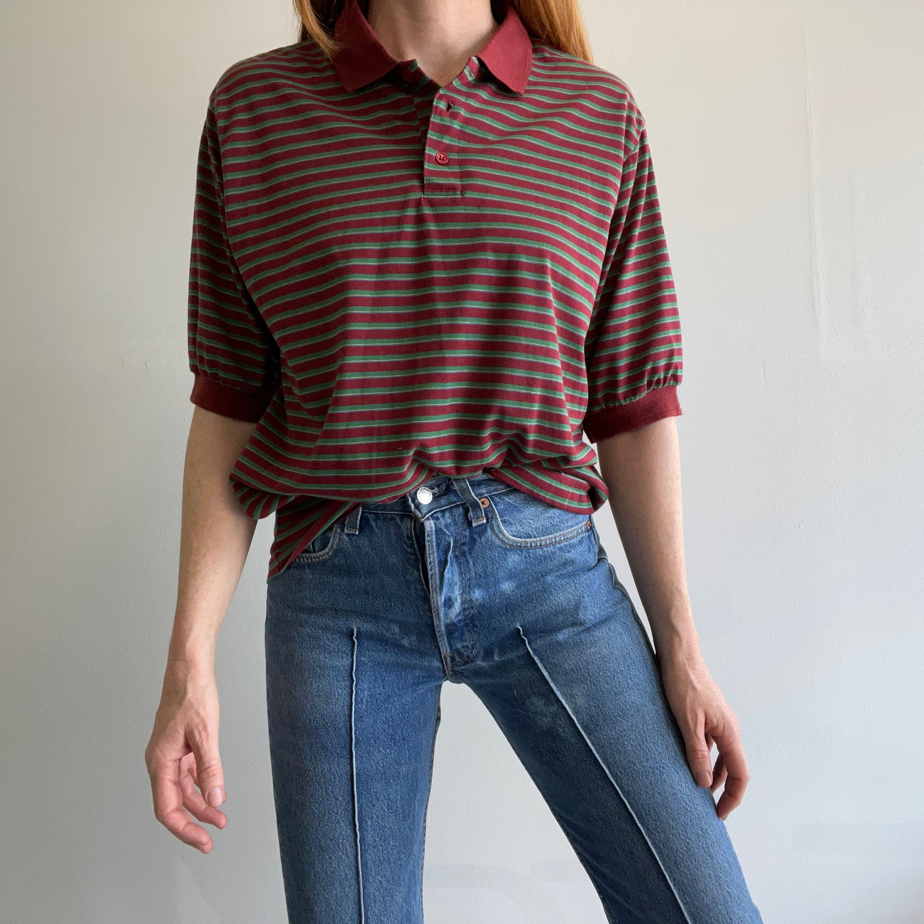 1980/90s Burgundy and Green Striped Polo Shirt