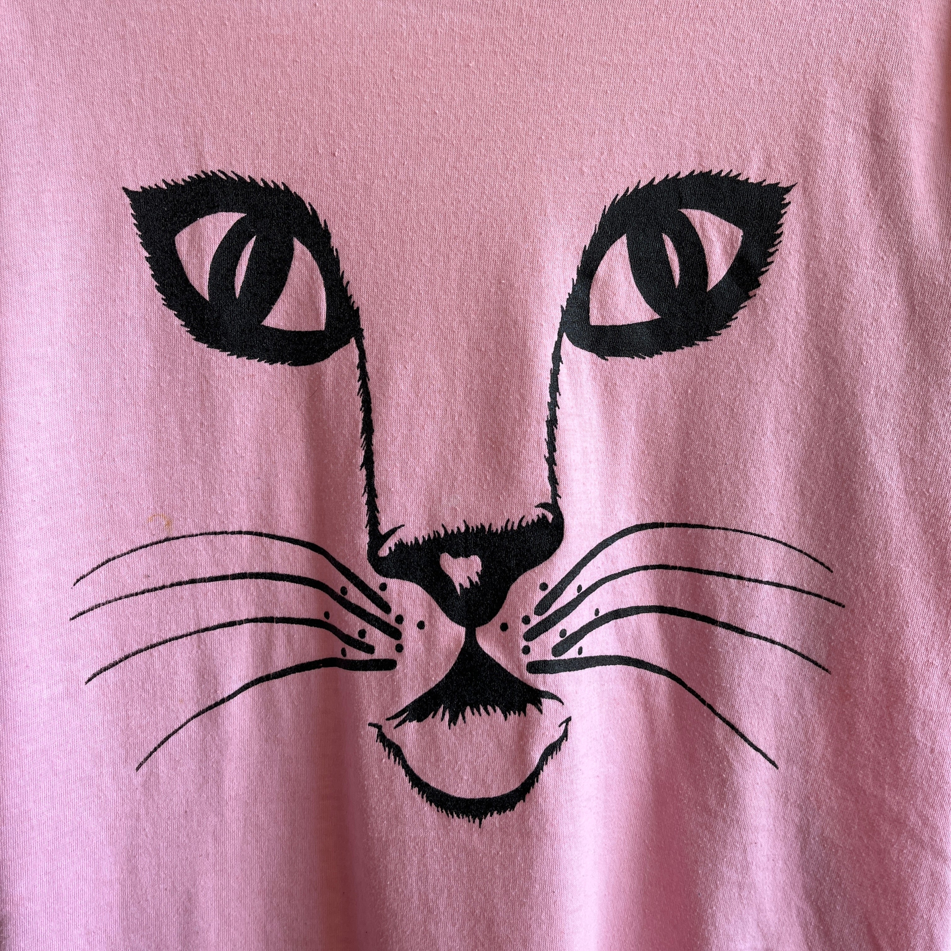 1980s Roll Up Sleeve Cat T-Shirt - Hello!