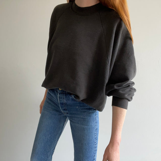 1980s Faded Blank Black Sweatshirt - Larger Size